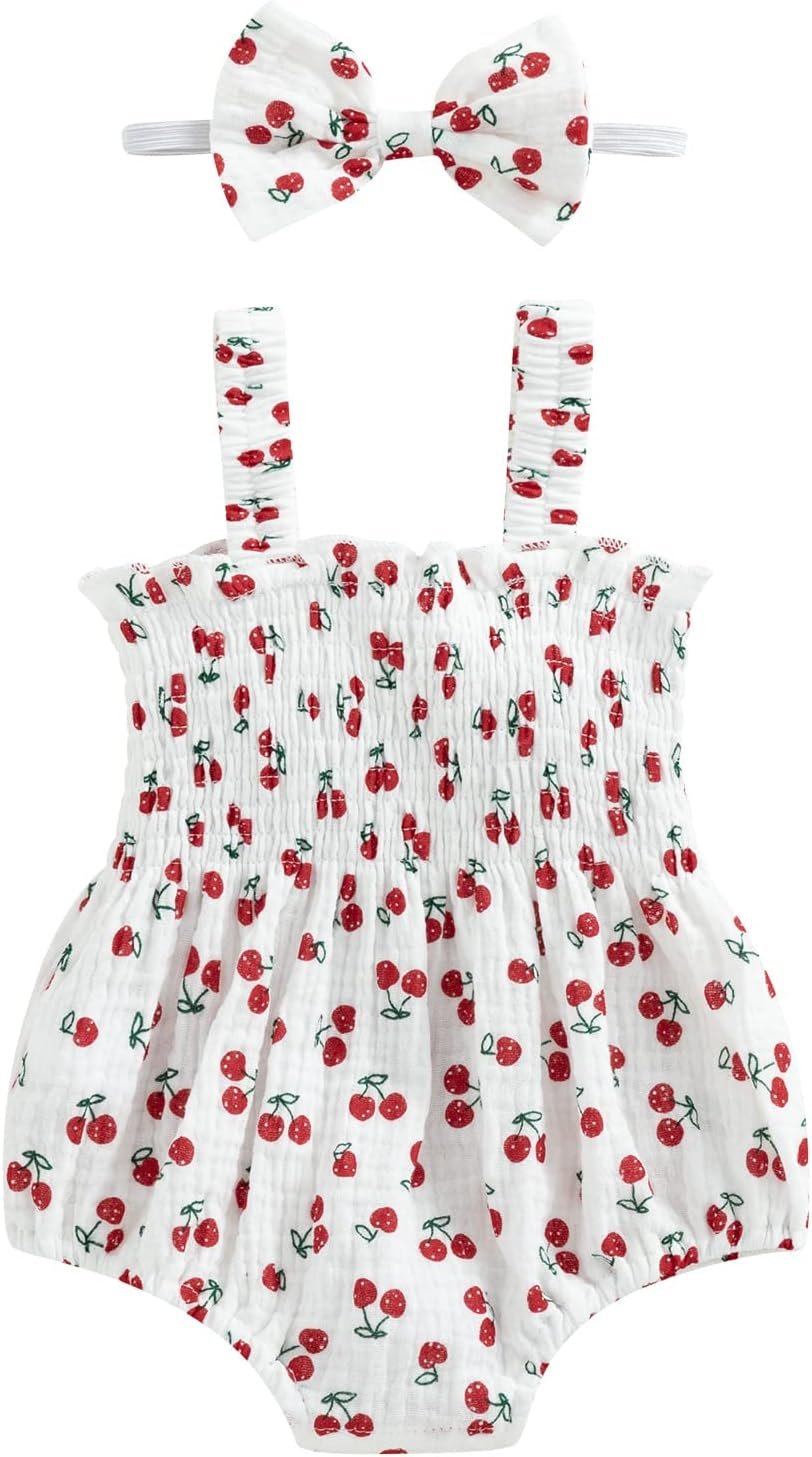 Newborn Baby Girl Summer Bodysuit Print One Piece Ruffle Strap Romper Jumpsuit Cotton Playsuit with Headband