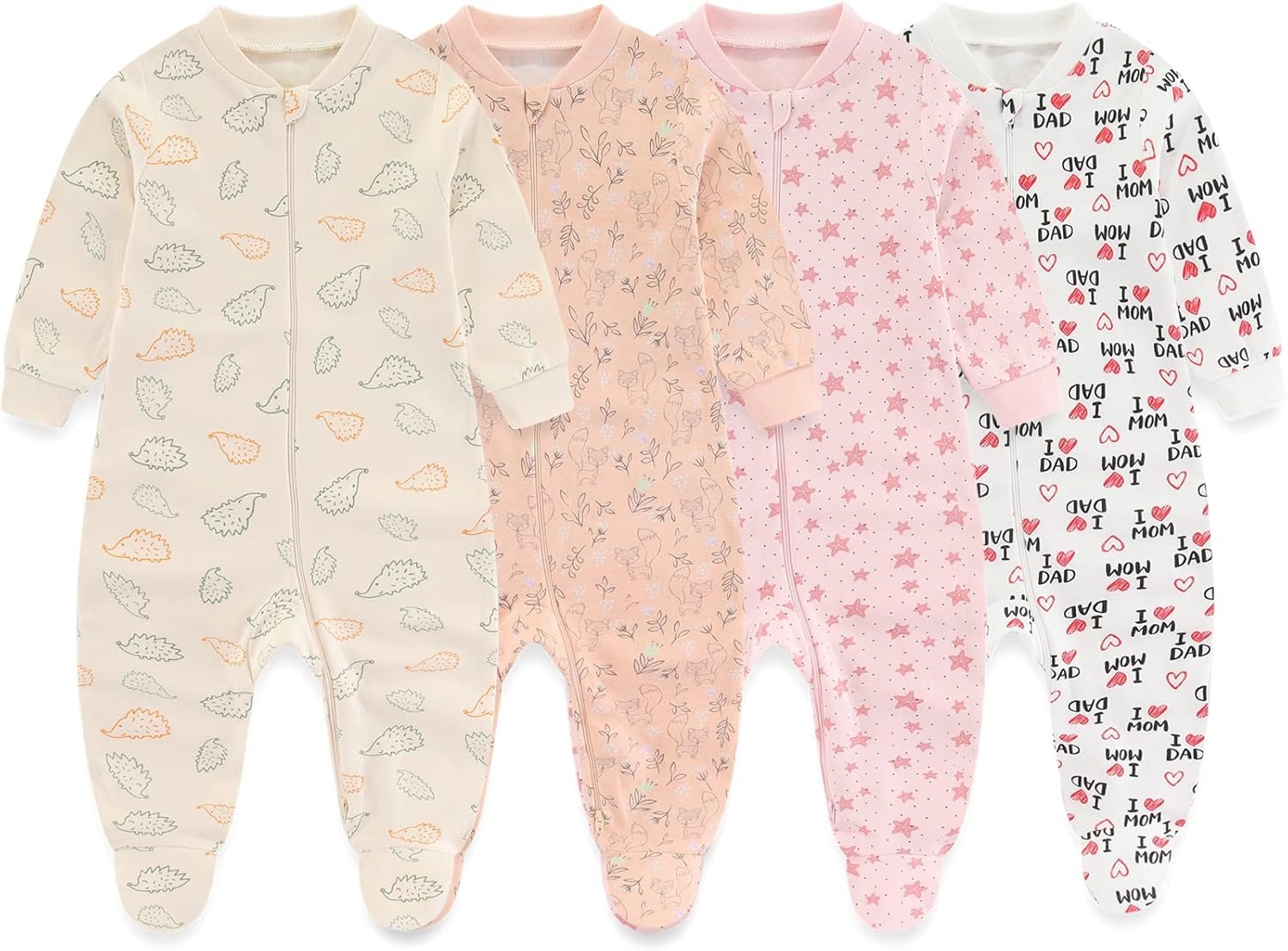 MAMIMAKA Newborn Baby One-Piece Footies Romper 2-Way Zip Cotton Bodysuit Long-Sleeve Jumsuit 4-Pack, 0-12 Months