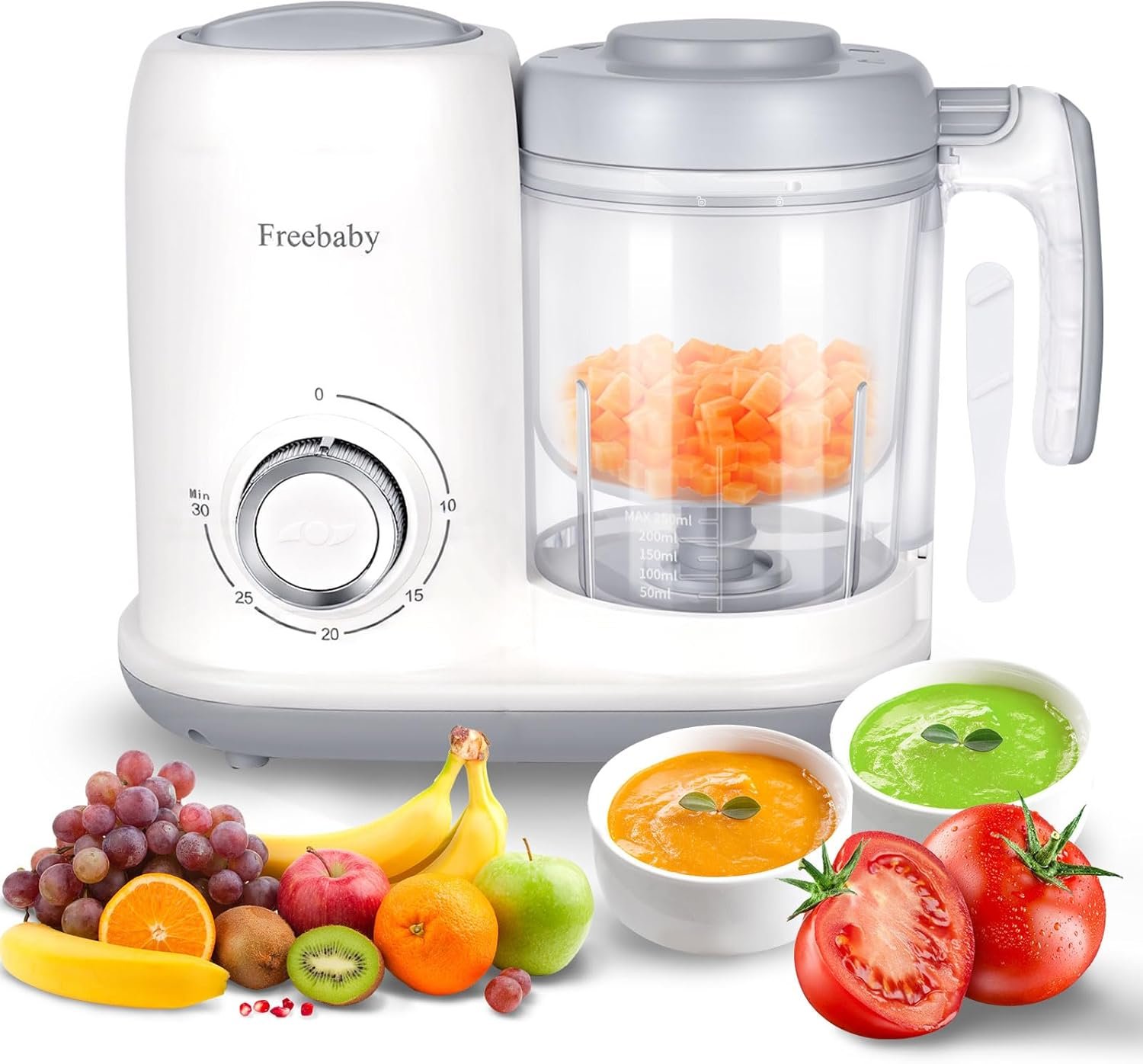 Freebaby 4 in 1 Baby Food Maker, One Step Baby Food Processor, Puree Blender Grinder Mills and Steamer, Baby Puree Maker with Steam Basket, One Button Easy Operation, BPA-Free