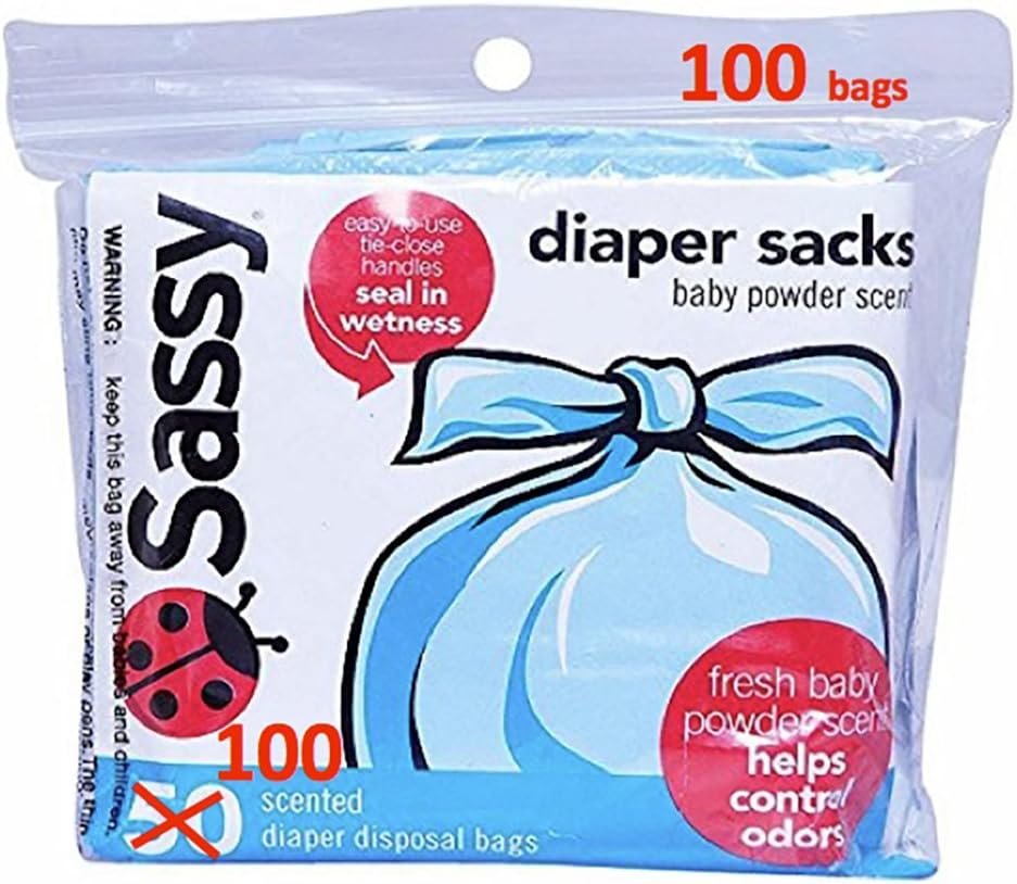 Sassy 100 Count Disposable Diaper Sacks, Powder Scented, 4-25 Sacks per Roll, Easy-to-Tie, Diaper Disposal or Pet Waste Bags