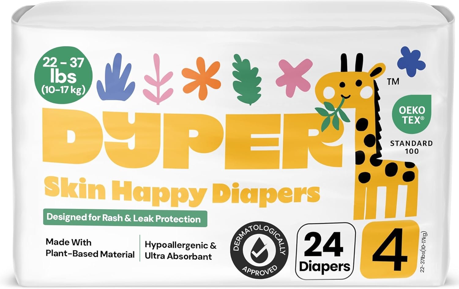 DYPER – Baby Diapers Size 4 (24 Count) – Plant Based Disposable Diapers for Day and Overnight Premium Leak Protection, Skin-Friendly Comfort with Soft Size 4 Diapers (22-37 lbs)