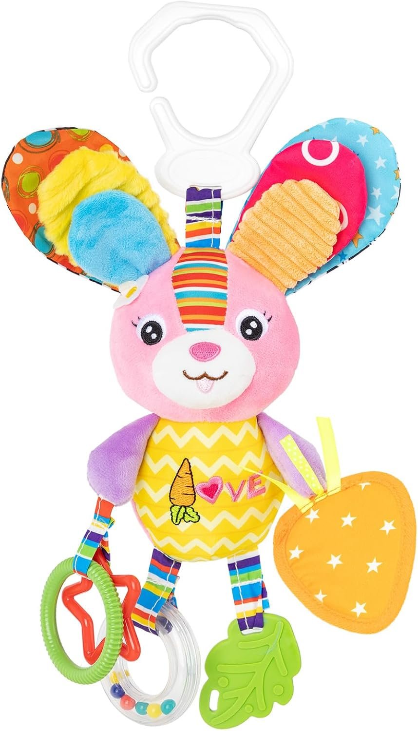 Baby Stroller Toy and Car Seat Toy for Infant with Teether Hanging Rattle Toys Clip on Stroller Toy Soft Plush Baby Toys for Boys and Girls 3-12 Months