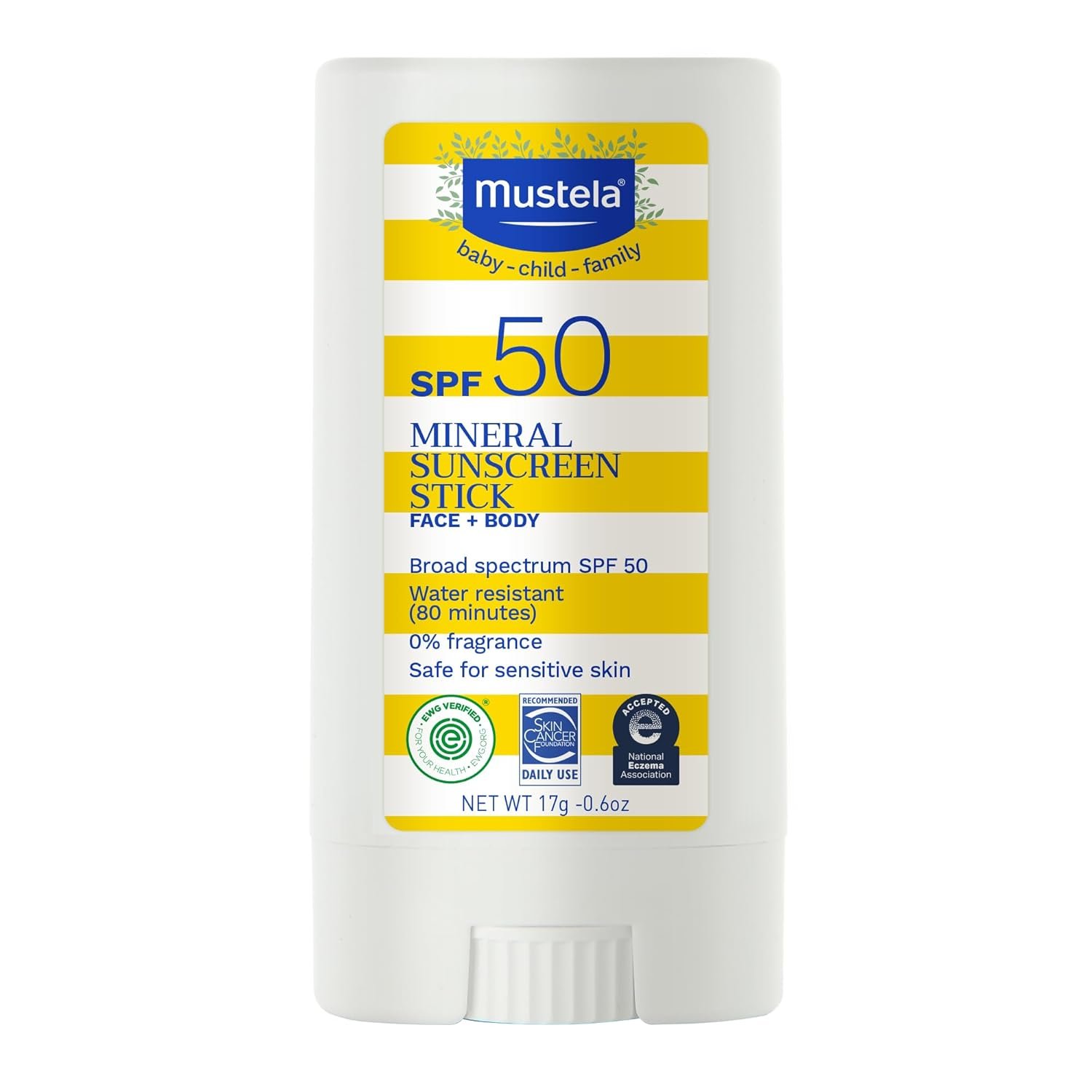 Mustela Baby Mineral Sunscreen Stick SPF 50 Broad Spectrum – Face & Body Sun Stick with 70% Organic Ingredients – Ultra Sheer, Water Resistant & Fragrance-Free – 0.6 oz.