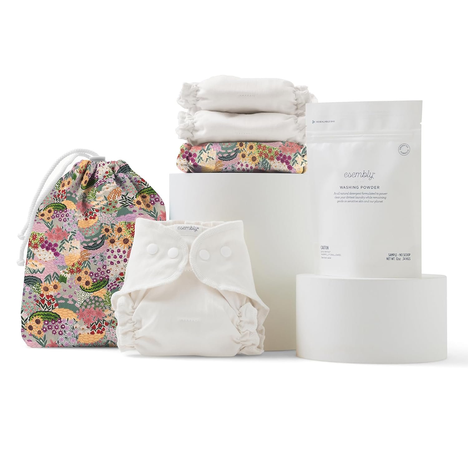 Esembly Try-It Kit – Cloth Diaper Starter Set with Organic Cotton Diapers, Waterproof Diaper Cover, Wet Bag, and Laundry Detergent – Botanic Garden, Size 1 (7-18lbs)