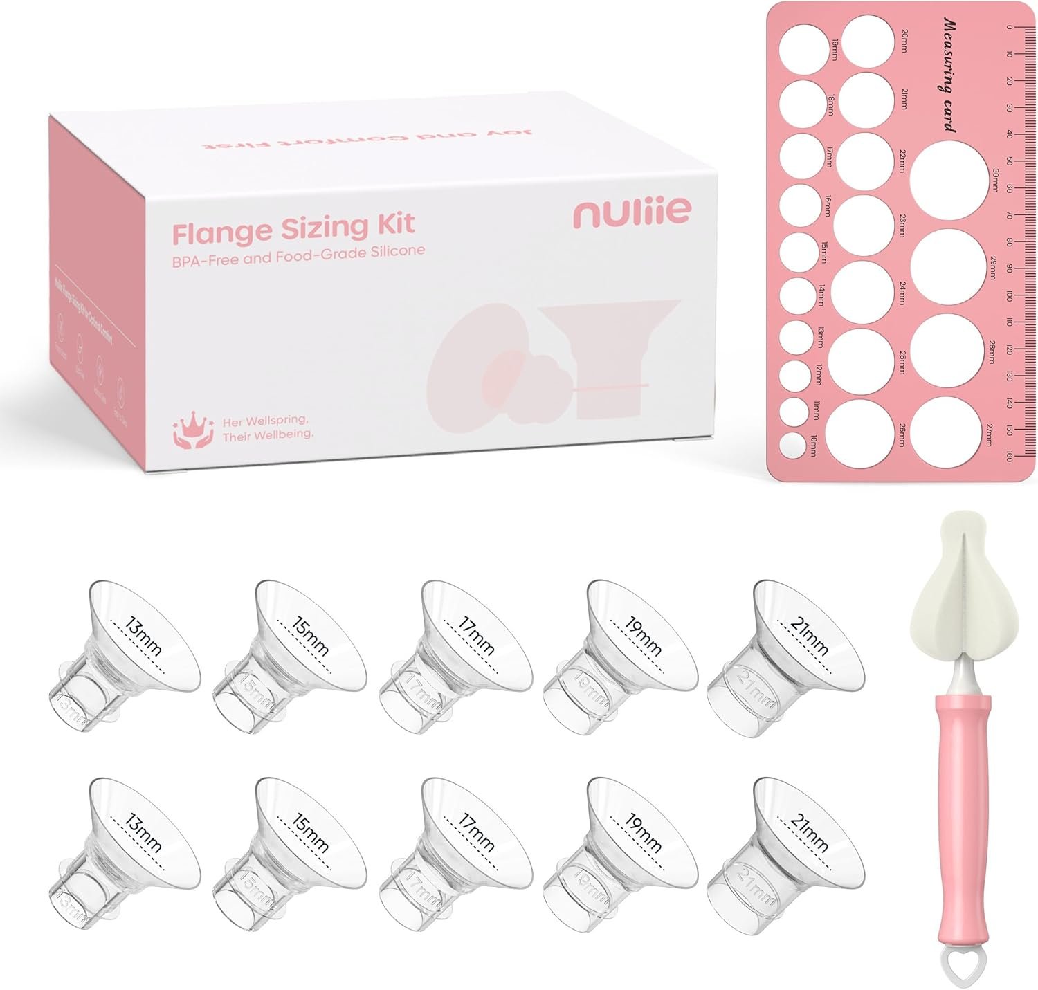 Nuliie 3-in-1 Flange Sizing Kit 13/15/17/19/21mm for 24mm Electric Double Breast Pump Flange/Shield, 10PCS Silicone Flange Inserts to Boost Pumping Efficiency & Comfort, BPA-Free Essential for Moms