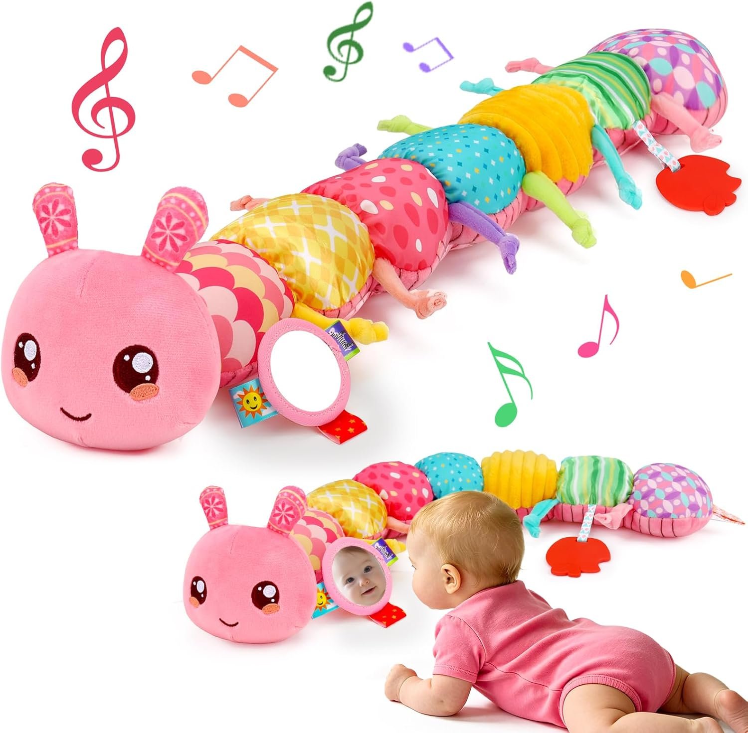 Baby Girl Toys 0-6 Months Musical Stuffed Caterpillar Pink Toys for Infant 0-3 3-6 Month Tummy Time Sensory Newborn Toys with Mirror Crinkle Rattle for 2 3 4 5 6-12 Month Old Babies Girl Shower Gifts