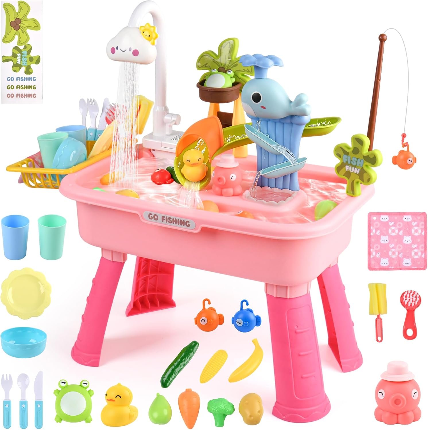 2027 Upgraded 4-in-1 Water Table for Toddlers 1-3, Kids Sensory Table with Electric Water Pump & Faucet, Kitchen Play Sink Toys with Food Accessories, Fishing Toy