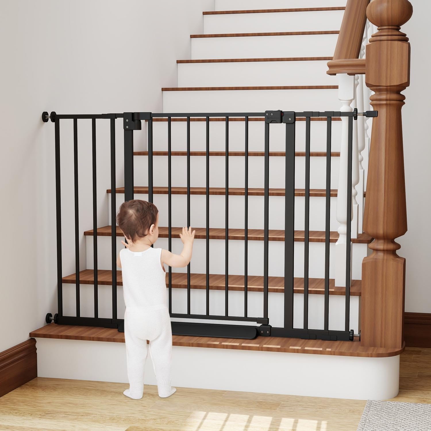 Miumoon 29.7-46″ Baby Gate for Stairs with Banister Adapter Y-Spindle Rods, 30.5″ Tall, Easy-Install Pressure Mounted Baby Gate for Doorways, Auto-Close Dog Gate Indoor for Child and Pets