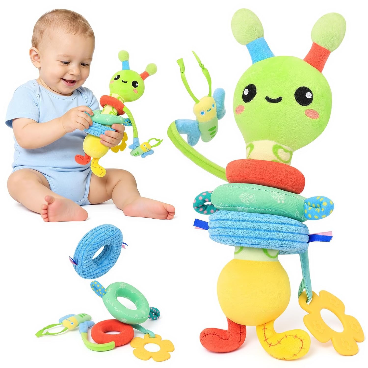 Baby Toy 0-12 Months – BPA-Free Soft Plush Sensory Toy with Gentle Squeaker, Safe Hand Grip & Teething Relief, Portable Newborn Toy for Diaper Bag, Baby Shower Gift (Green Caterpillar)