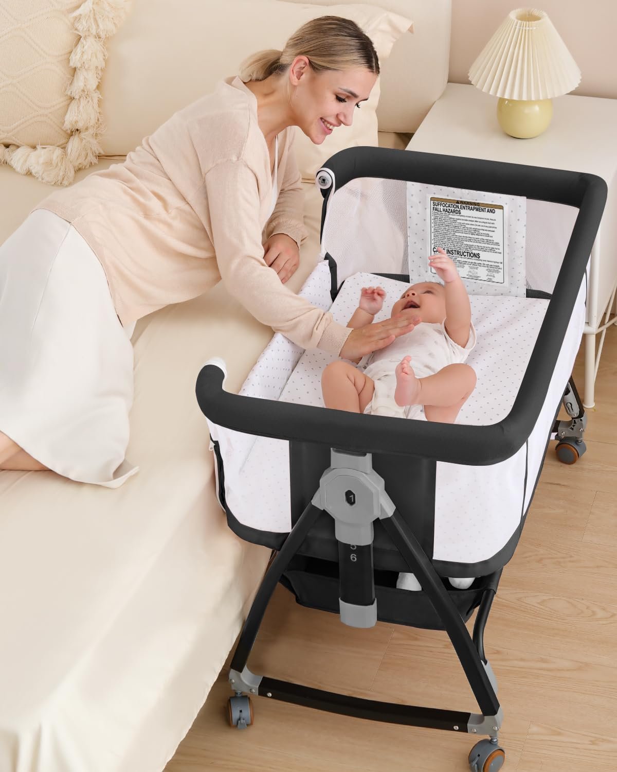 wayfong 3 in 1 Baby Bassinet Crib with Breathable Mesh, Bassinet Bedside Sleeper with Wheels, Mosquito Net, Storage Basket, 6 Height Adjustable, Easy to Assemble, Bassinets for Newborn Baby | Breathable Mesh, Mosquito Net, Large Storage Basket, 6 Height Adjustable, Multi-functional, Easy to Assemble