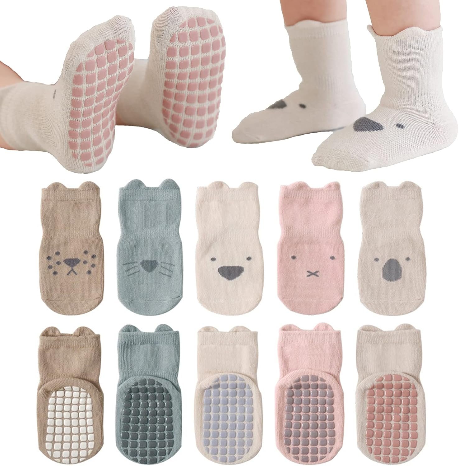 Baby Non-Slip Ankle Socks with Grips – Anti-Slip Crew Cotton Socks for Infants Toddlers Girls Boys