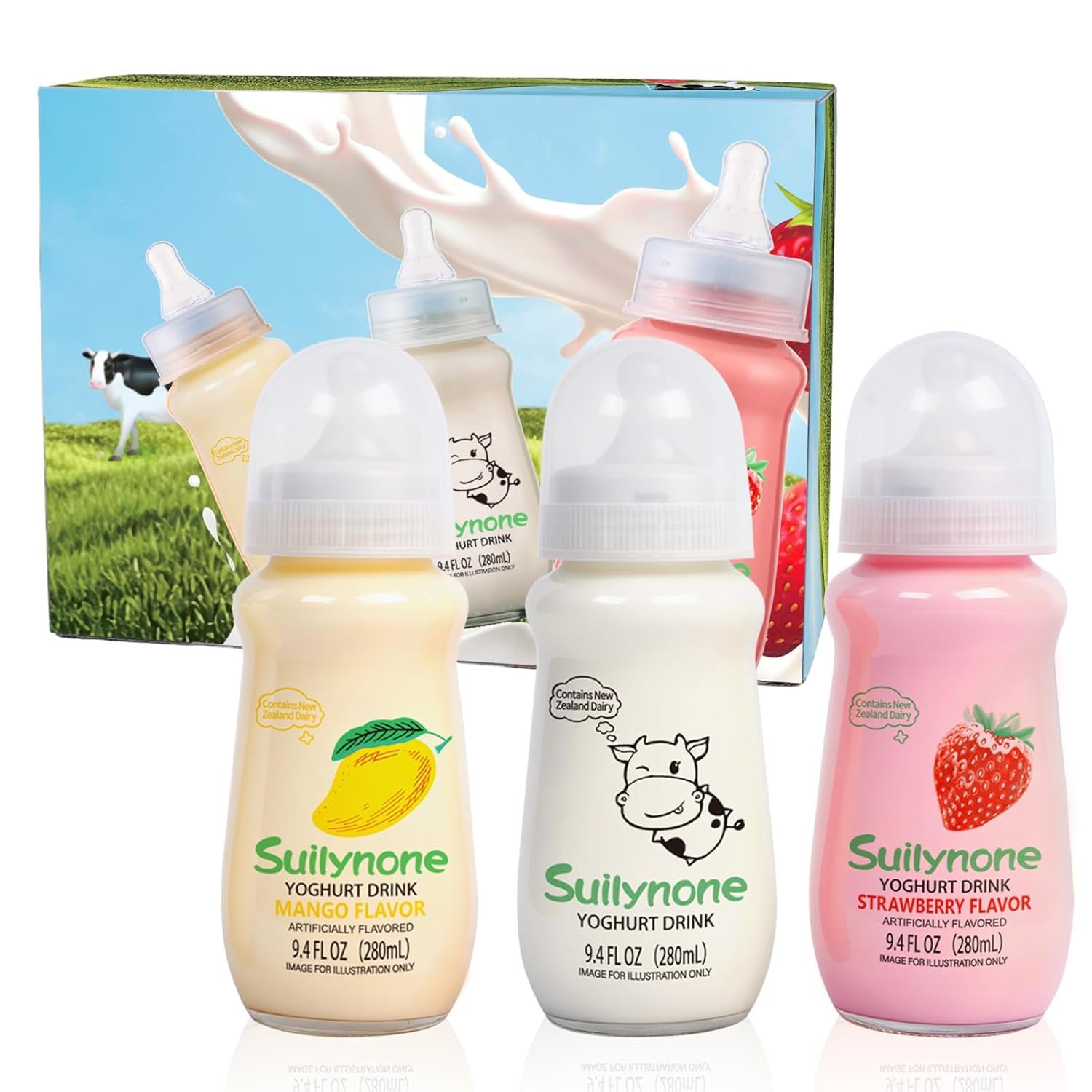 280ml Yogurt Drink Reusable Glass Bottle, 3-Pack Mixed Flavors Drinkable Yogurt – Fun Gift Box, Birthday & Holiday Present.