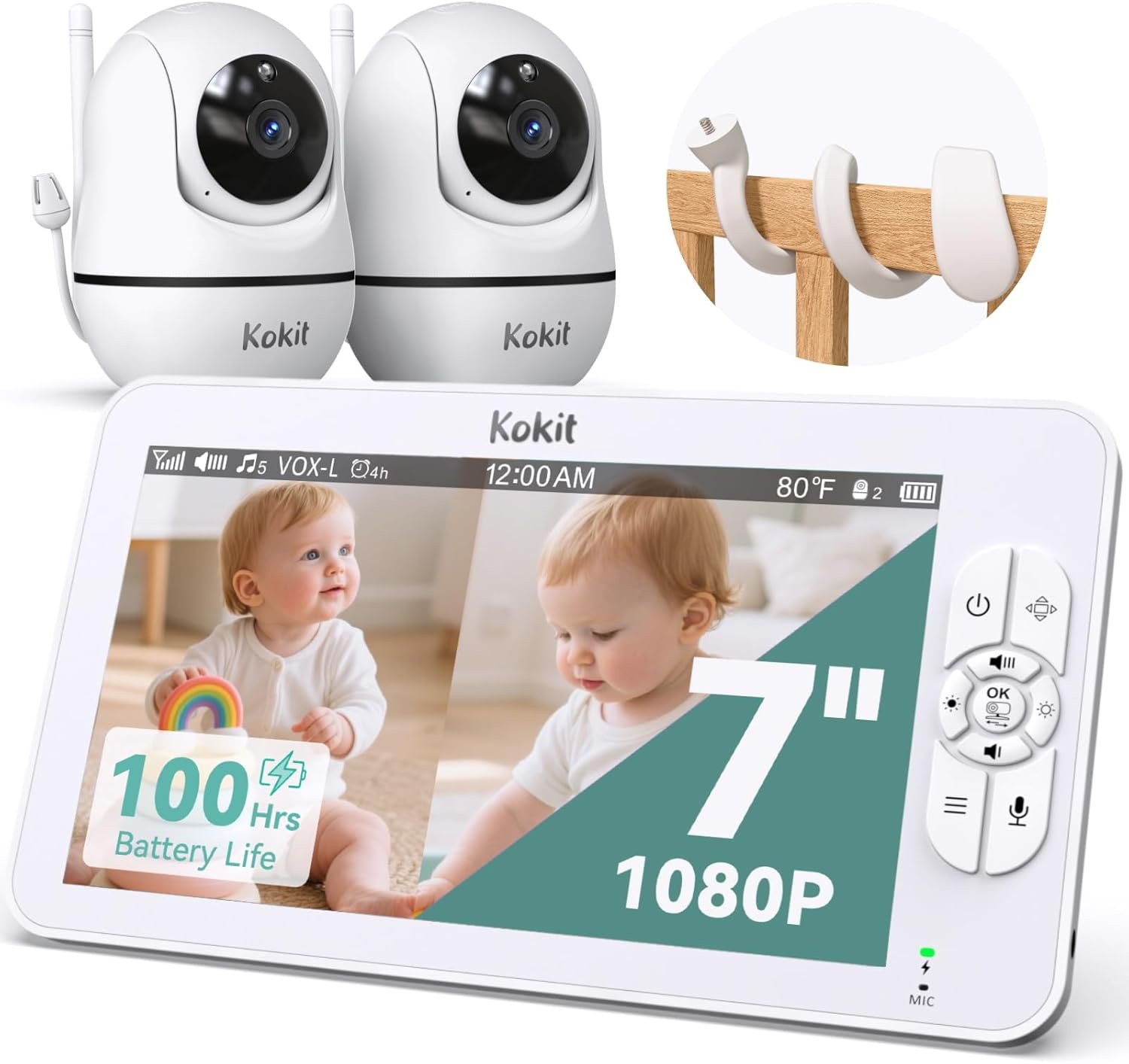 Baby Monitor with Camera and Audio – 7″ Split Screen, 5000mAh Battery (100H in VOX), 1080P PTZ Baby Camera Monitor with Flexible Mount, No WiFi Baby Monitor, Secure 2.4GHz FHSS