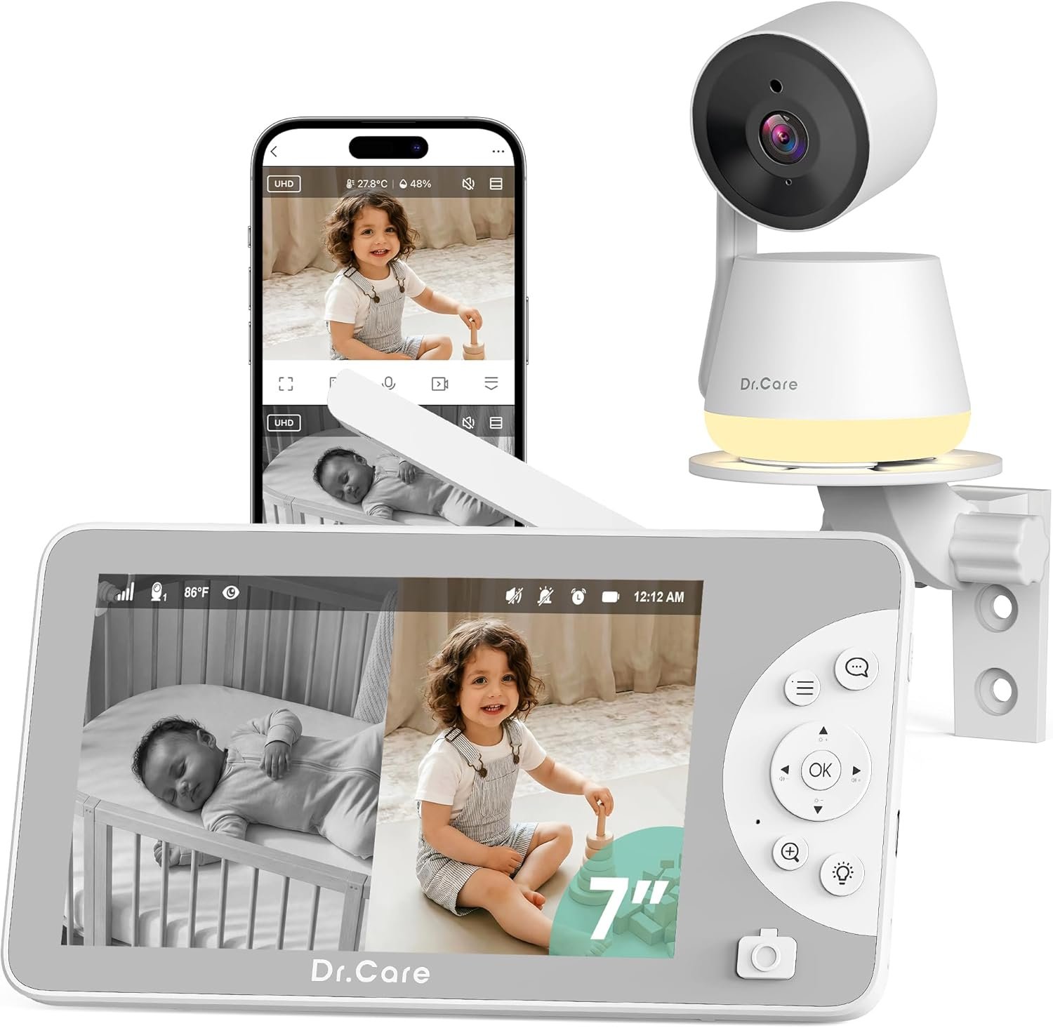 Dr.Care LumiView Max Smart WiFi Baby Monitor – 7″ 1080P FHD & 2K Camera, Privacy Mode, Cry & Motion Detection, 6000mAh Removable Battery, Snapshot & Video Recording