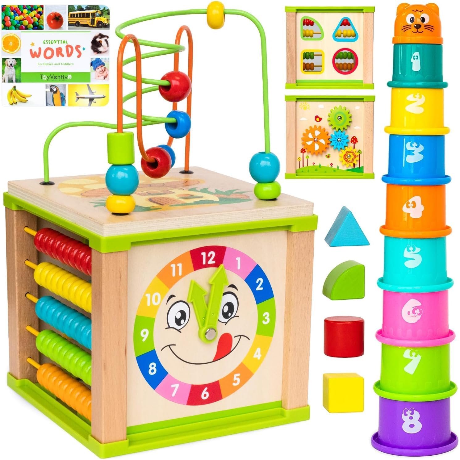 Wooden Kids Baby Activity Cube – Boys Gift Set | One 1, 2 Year Old Boy Gifts Toys | Developmental Toddler Educational Learning Boy Toys 12-18 Months | Bead Maze, First Birthday Gift