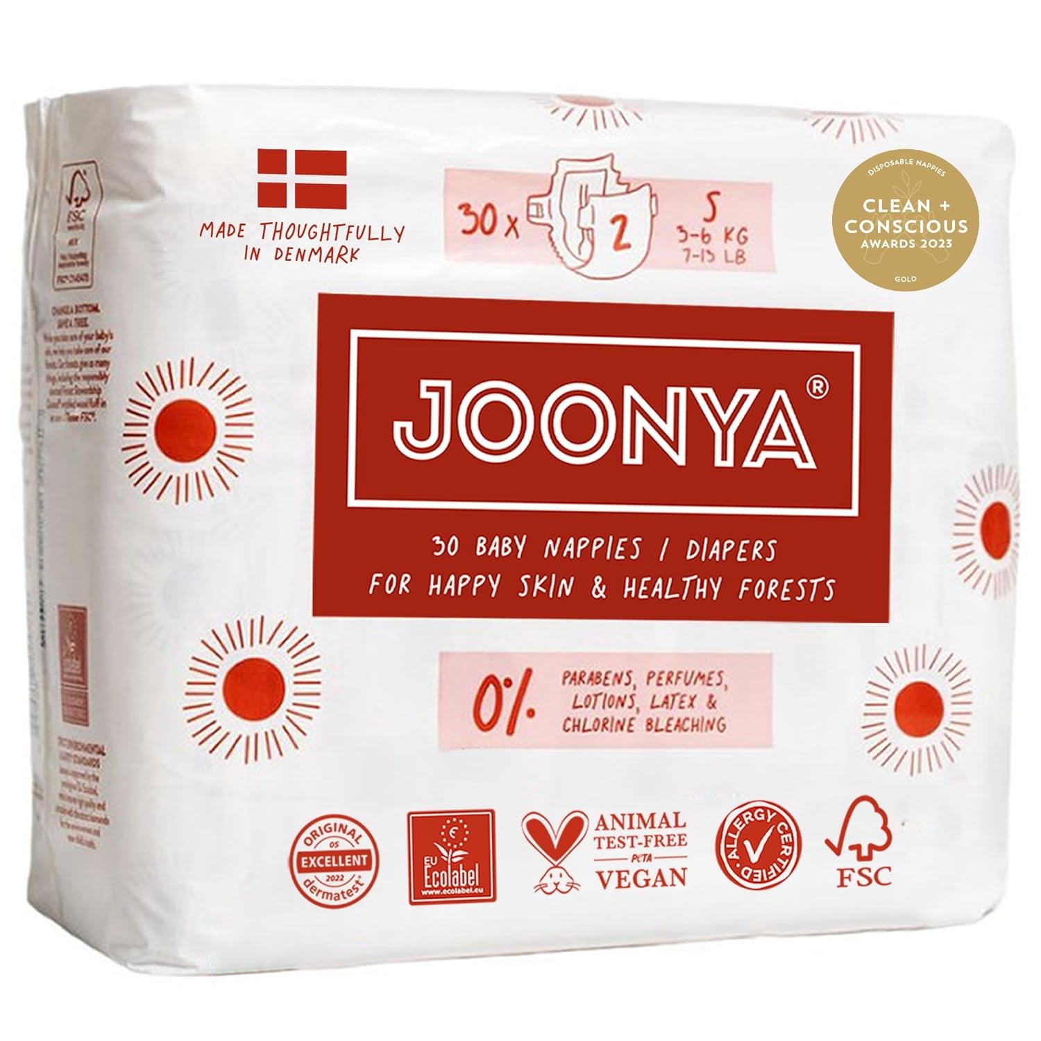 Joonya Baby Diapers, Size 2 S (7-13 lb) – 1 Bag of 30 – Non Toxic, Eco-Friendly, High Absorbency, Overnight Use, Ultra Slim & Soft – Made in Denmark
