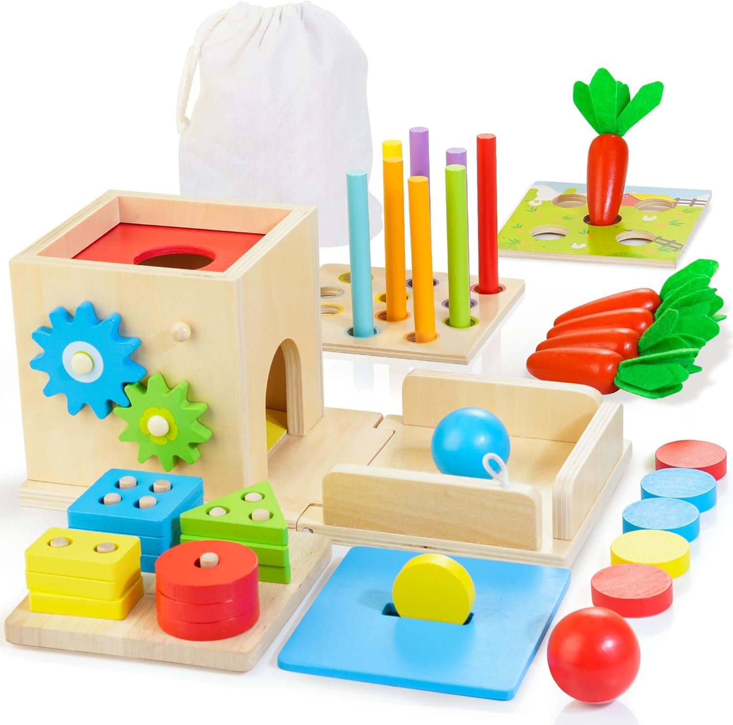 Kizfarm Wooden Montessori Baby Toys, 8-in-1 Wooden Play Kit Includes Object Permanent Box, Coin Box, Carrot Harvest, Shape Sorting & Stacking – Birthday Gift for Boys Girls Toddlers