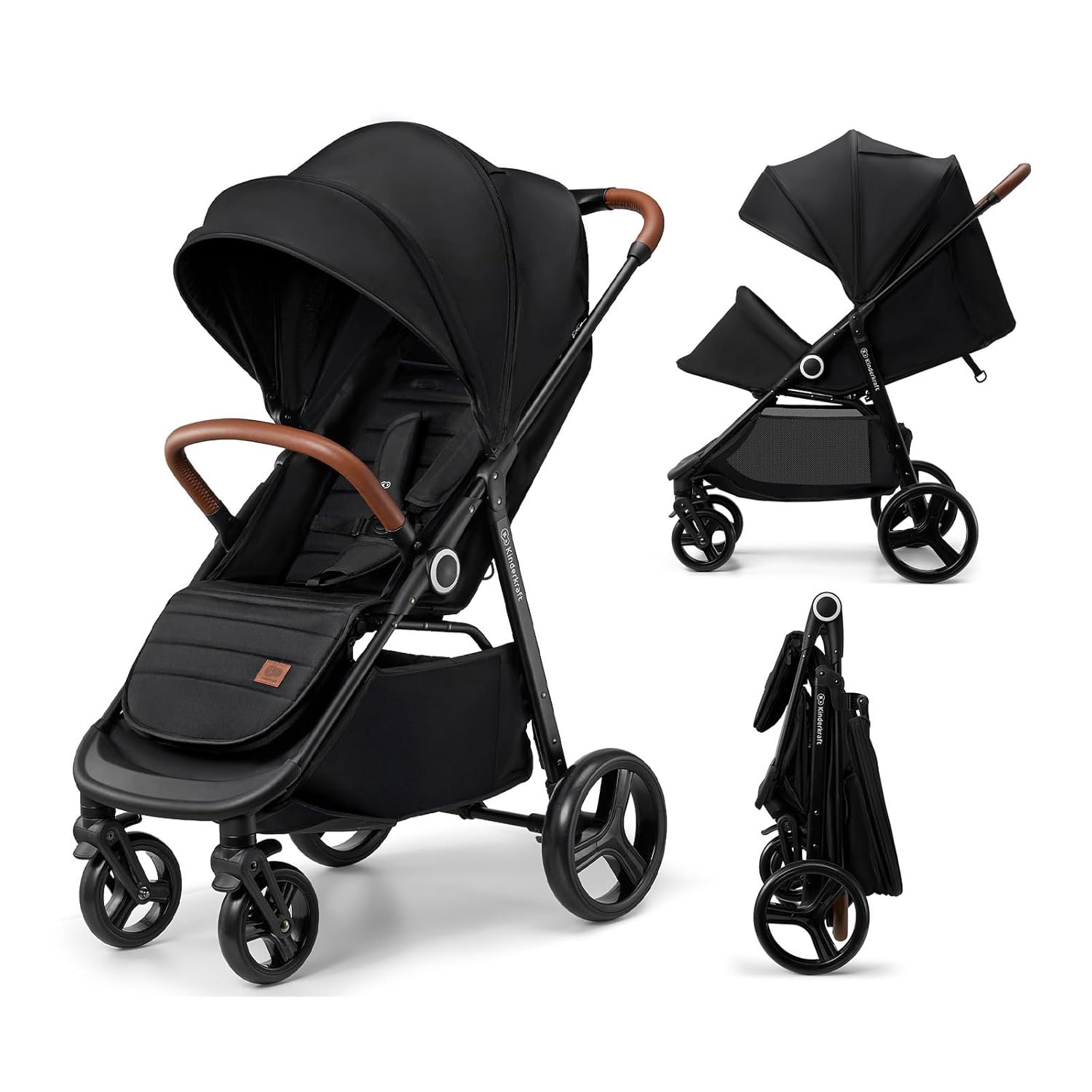 Kinderkraft Grande Plus Kinderkraft Buggy from Birth to 48.5 lb, one-Hand Folding, Reclining Position, Large Canopy with Window, All 4 Wheels dampened, Spacious seat, Black