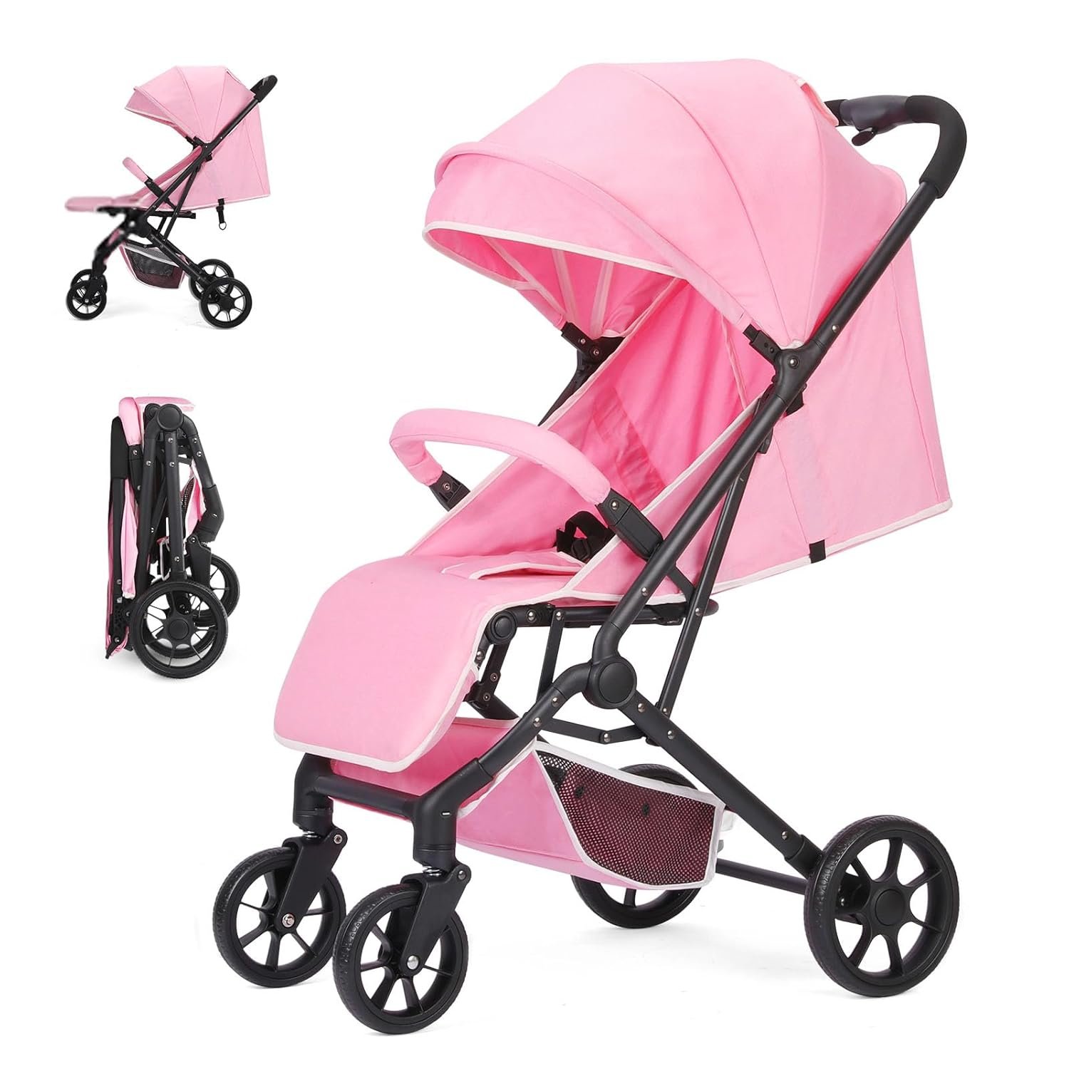 Lightweight Travel Stroller, Compact & Airplane-Friendly for Baby and Toddler, Lie-Flat Seat, One-Hand Fold, Shoulder Strap, Extendable Canopy, Storage Basket, 4 Wheel Suspension (Pink)