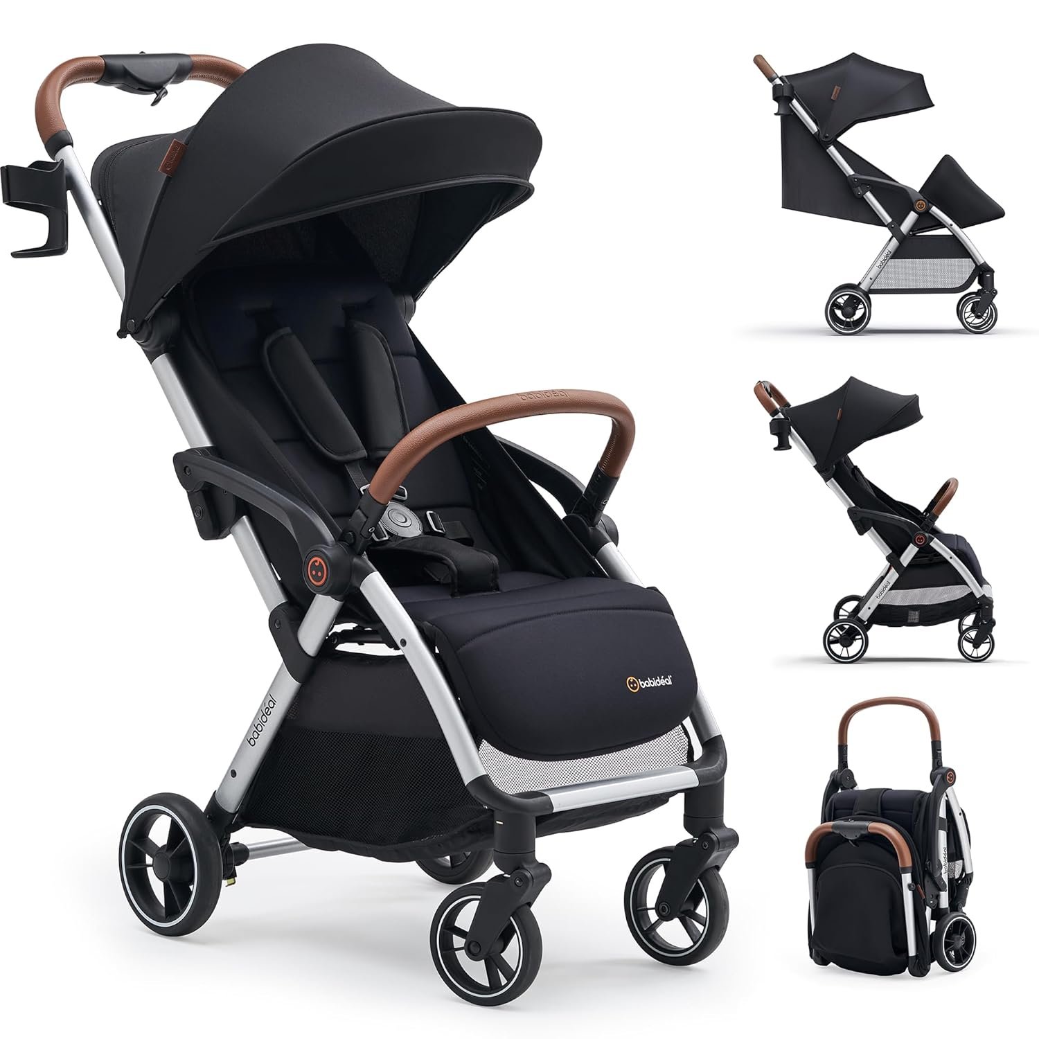 Babideal Lightweight Travel Stroller for Baby, Self-Folding Toddler Stroller with Large Canopy, Full-Reclining Seat, Cup Holder Included – Newborn to 50lbs.