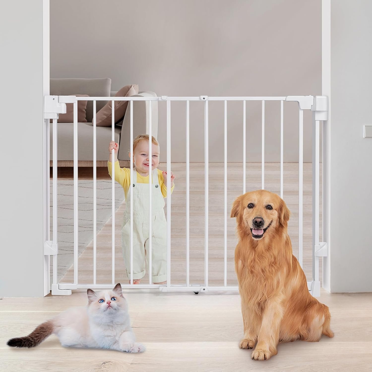 Upgraded 29-43″ No Bottom Bar Baby Gate,Heavy-Duty Hardware Mount Dog Gate, Adjustable Baby Gate,for House/Stairs/Doorways Use, Safety Pet Gates with Gate Pulley,Walk Thru Door,Two Way Open