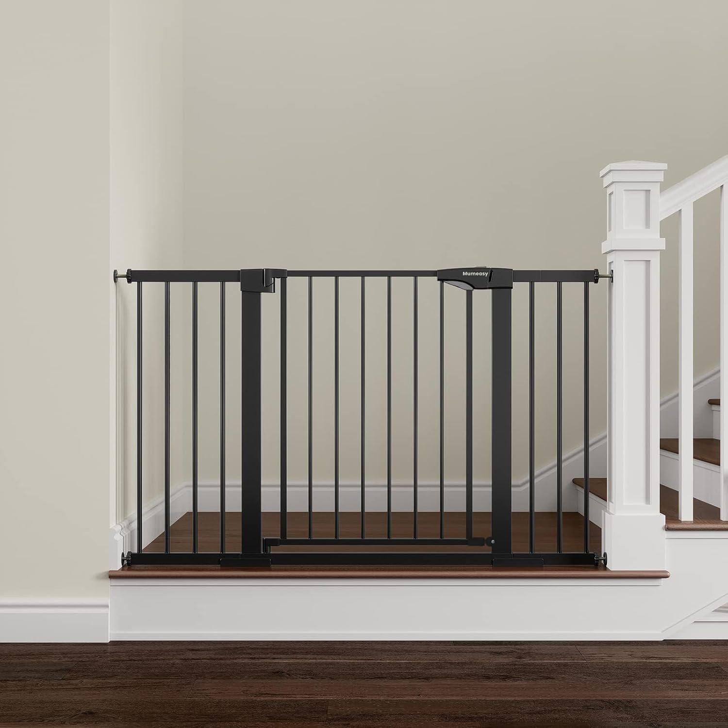 Mumeasy Baby Gate Extra Wide, 29.7-51” Pressure Mounted Dog Gate with Walk Thru Door, Auto Close Pet Gate for House, Stairs, Doorways,Black