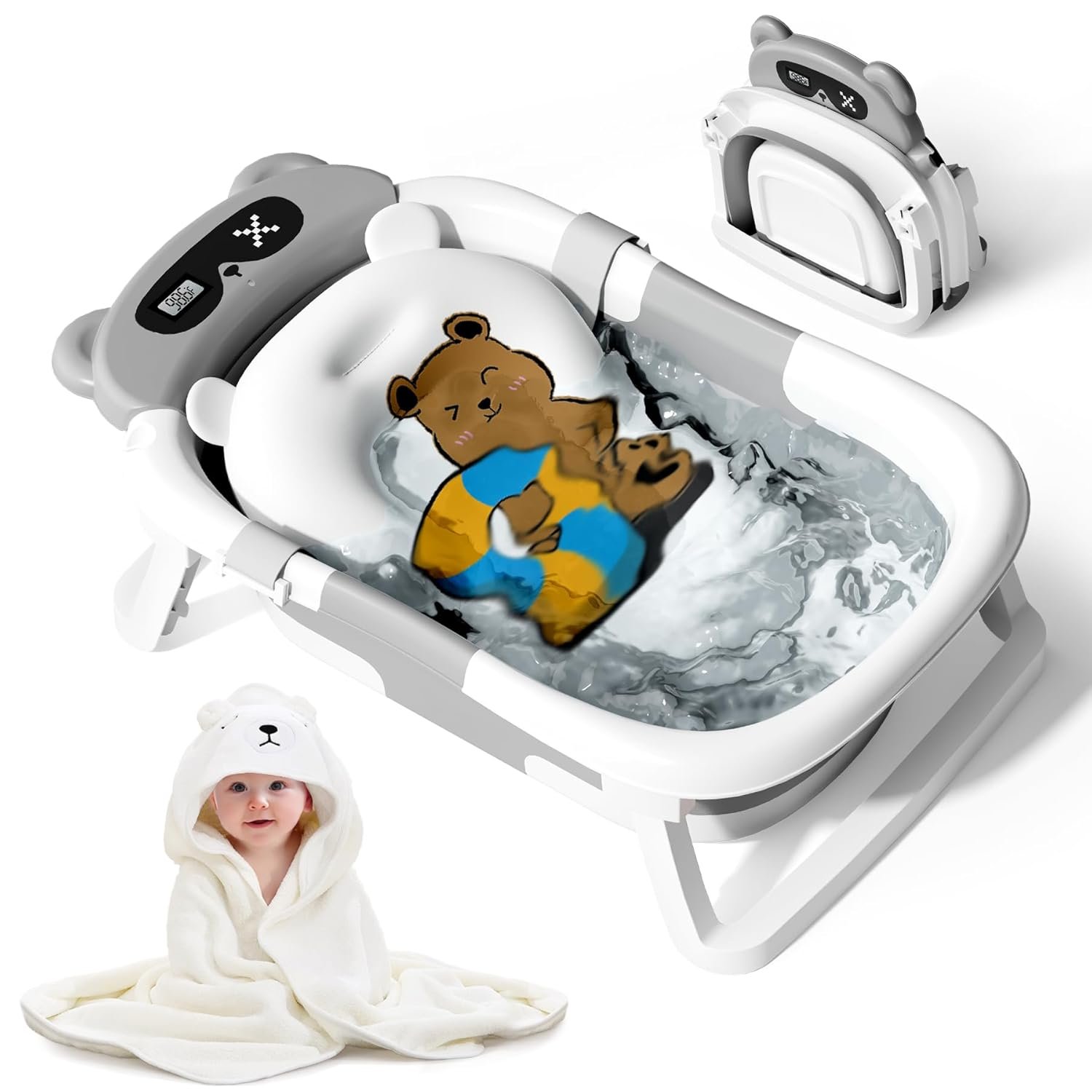 Collapsible Baby Bathtub for Newborn to Toddler (0-18 Months) – Foldable Baby Bath Tub with Soft Towel, Newborn& Infant Bathtub for Travel and Outdoor, Grey