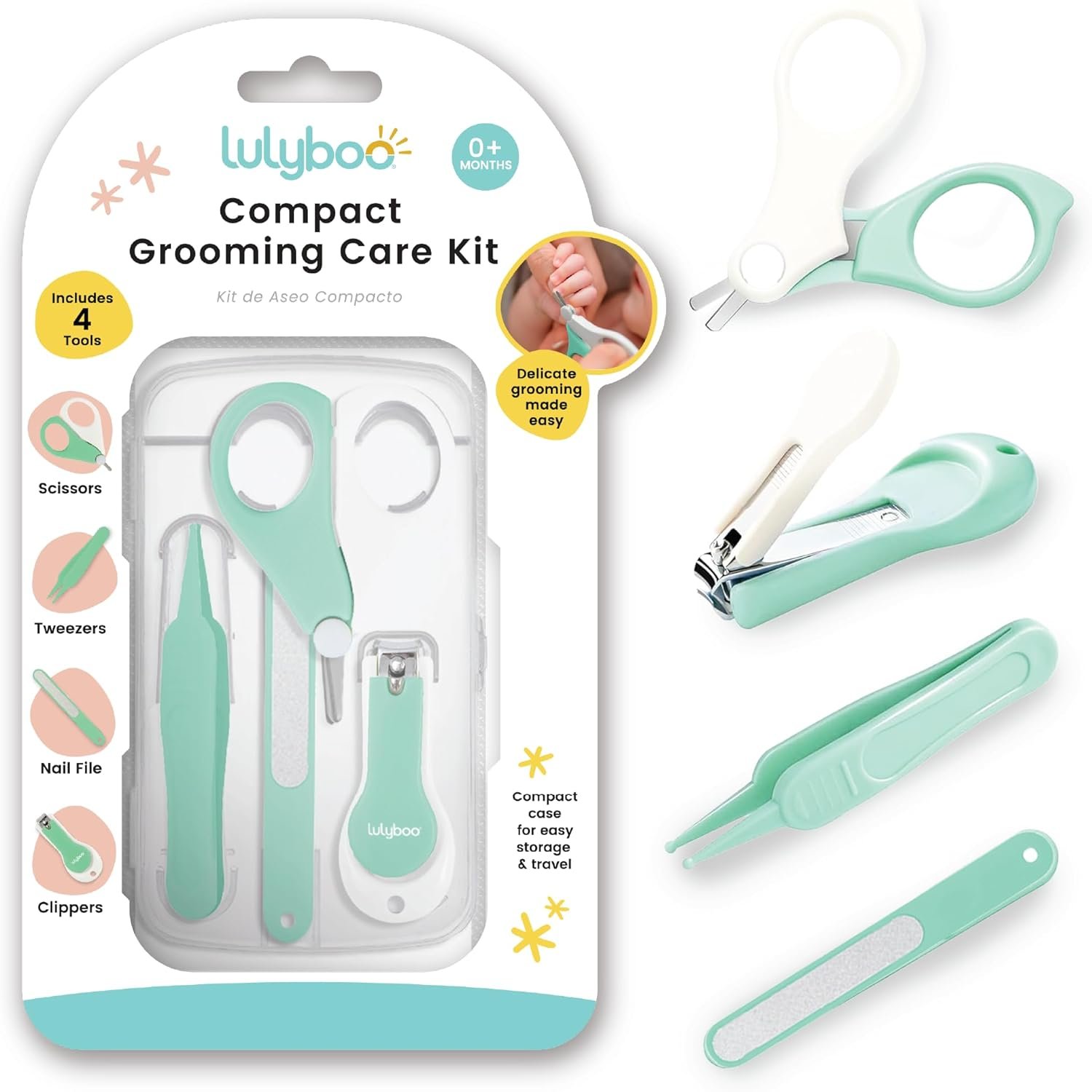 Lulyboo 4-in-1 Newborn Baby Grooming Kit – Compact Travel Case, Stainless Steel Nail Clipper, Rounded-Tip Scissors, Nail File & Baby Tweezers, BPA-Free, Wipe-Clean Exterior, Durable & Portable
