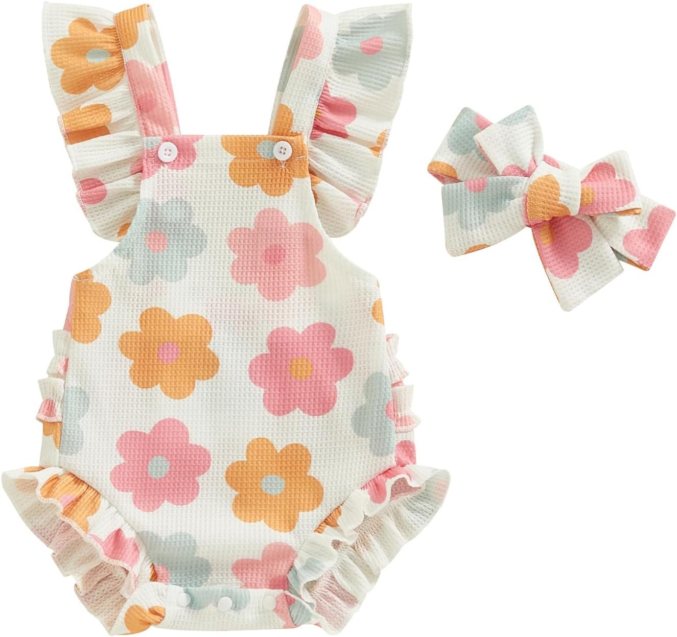 ​Infant Baby Girl Summer Clothes Outfits Cute Print Fly Sleeve Romper Jumpsuit Bodysuit with Headband