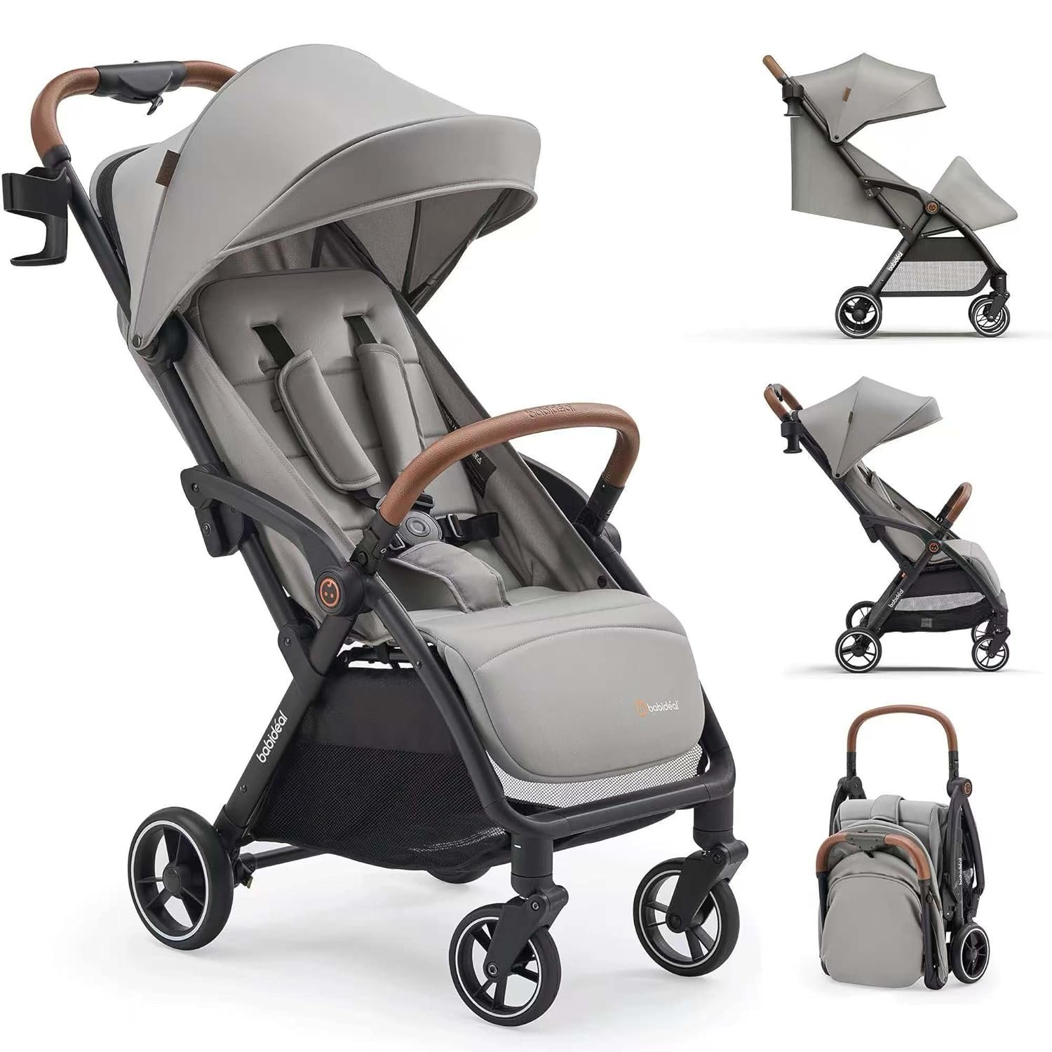 Babideal Lightweight Travel Stroller for Baby, Self-Folding Toddler Stroller with Large Canopy, Full-Reclining Seat, Cup Holder Included – Newborn to 50lbs. (Grey)