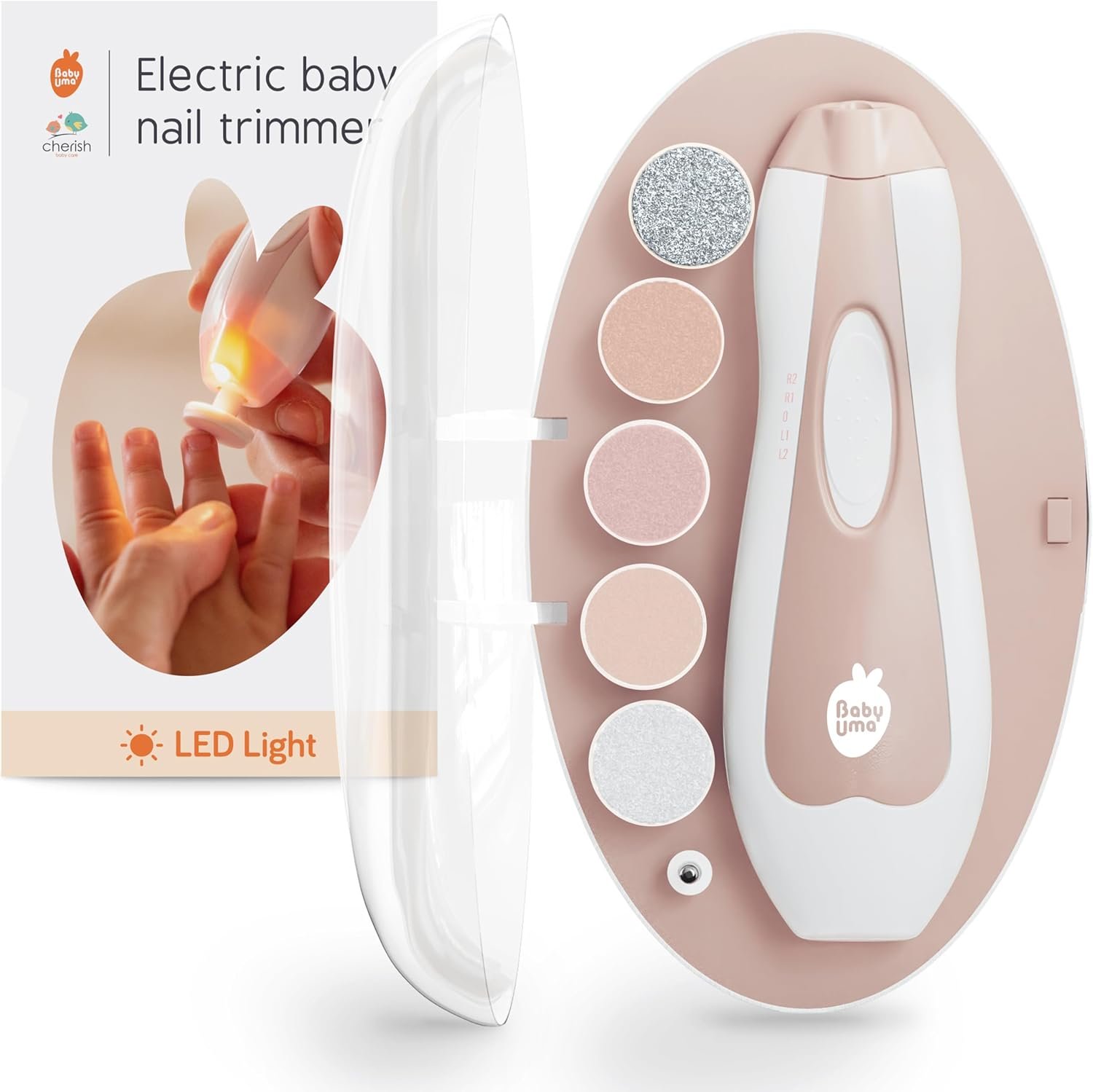 Baby Uma LED Baby Nail Trimmer Electric – Auto-Safety Stop Baby Nail Clippers, Bi-Directional Electric Baby Nail File with 2 Speeds & 6 Filing Discs, Newborn Essentials (+ Travel Case)