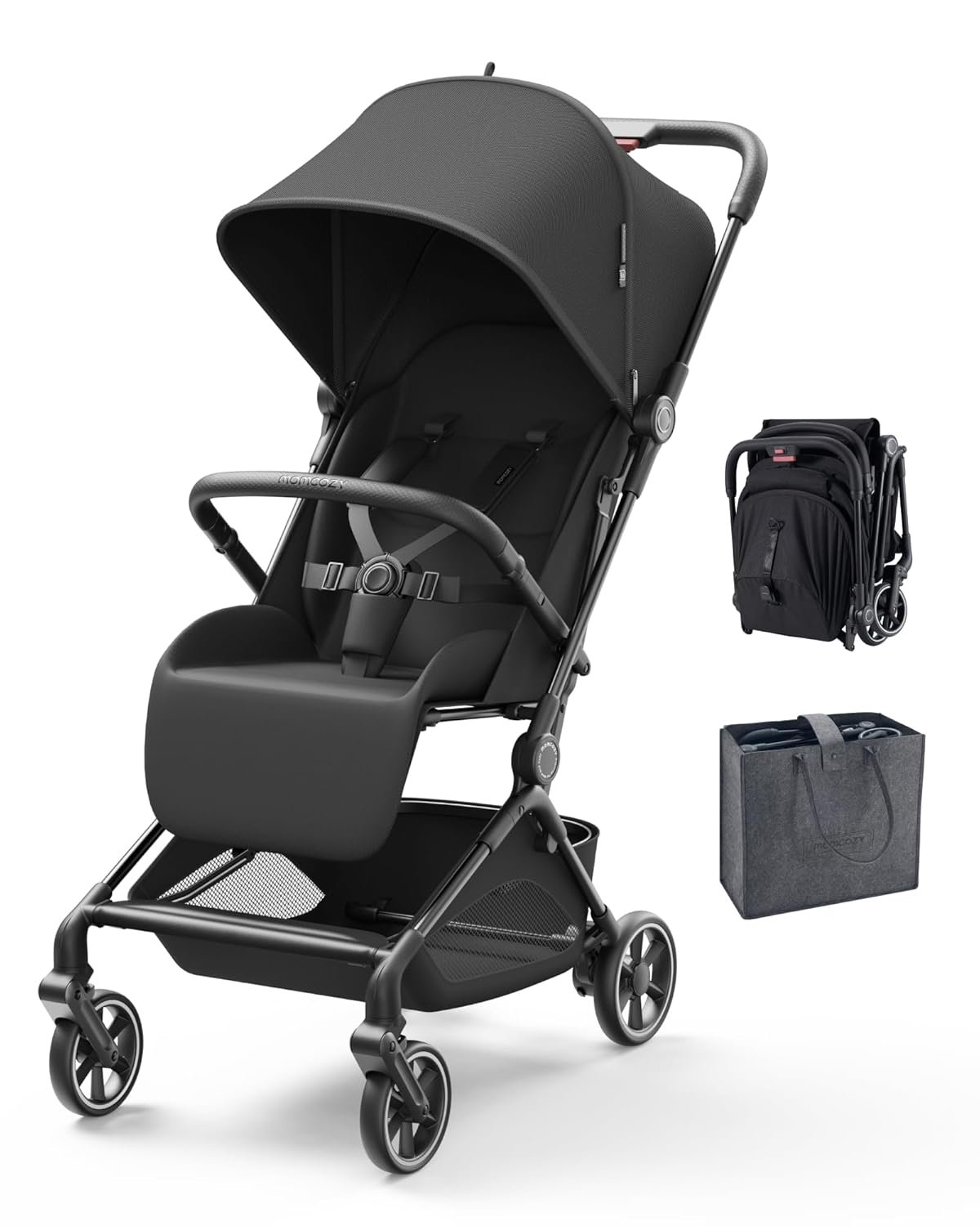 Momcozy TuckGo Compact Toddler Stroller, Lightweight Travel Stroller for 6 Months to 3 Years, Travel Bag Included, 3-Position Recline, Adjustable Leg, UPF 50+ Canopy, Black