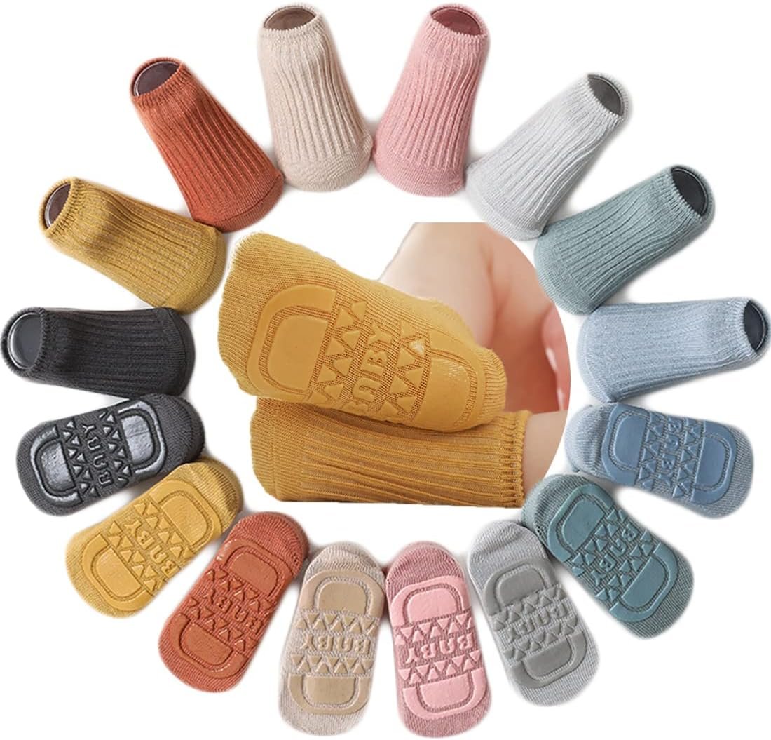 Toddler Baby Non-Slip Socks 8 Pairs – Infant Newborn Antiskid With Grips, Solid Unisex Ankle for Girl Boy