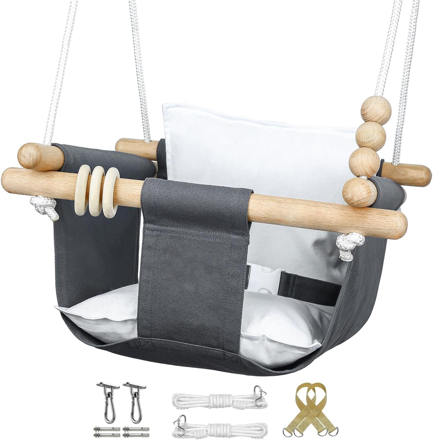 Baby Swing Outdoor and Indoor – Canvas Baby Swing 6 Months to 3 Years, Durable Baby Swing Chair, Indoor Baby Swing, Outdoor Baby Swing, Full Set of Ceiling Screws (Gray)