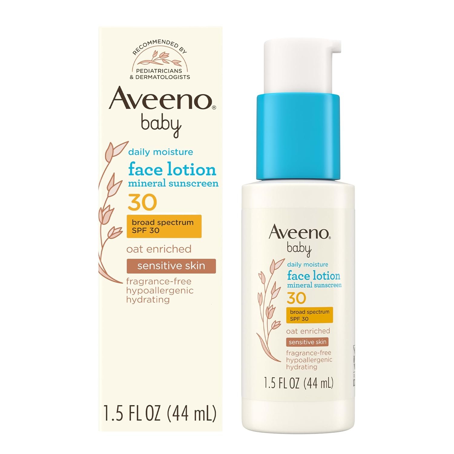Aveeno Baby Daily Moisture Face Lotion & Mineral Sunscreen with SPF 30, Oat Enriched Face Moisturizer for Babies & Broad-Spectrum Sun Protection for Sensitive Skin, Fragrance-Free, 1.5 fl. oz