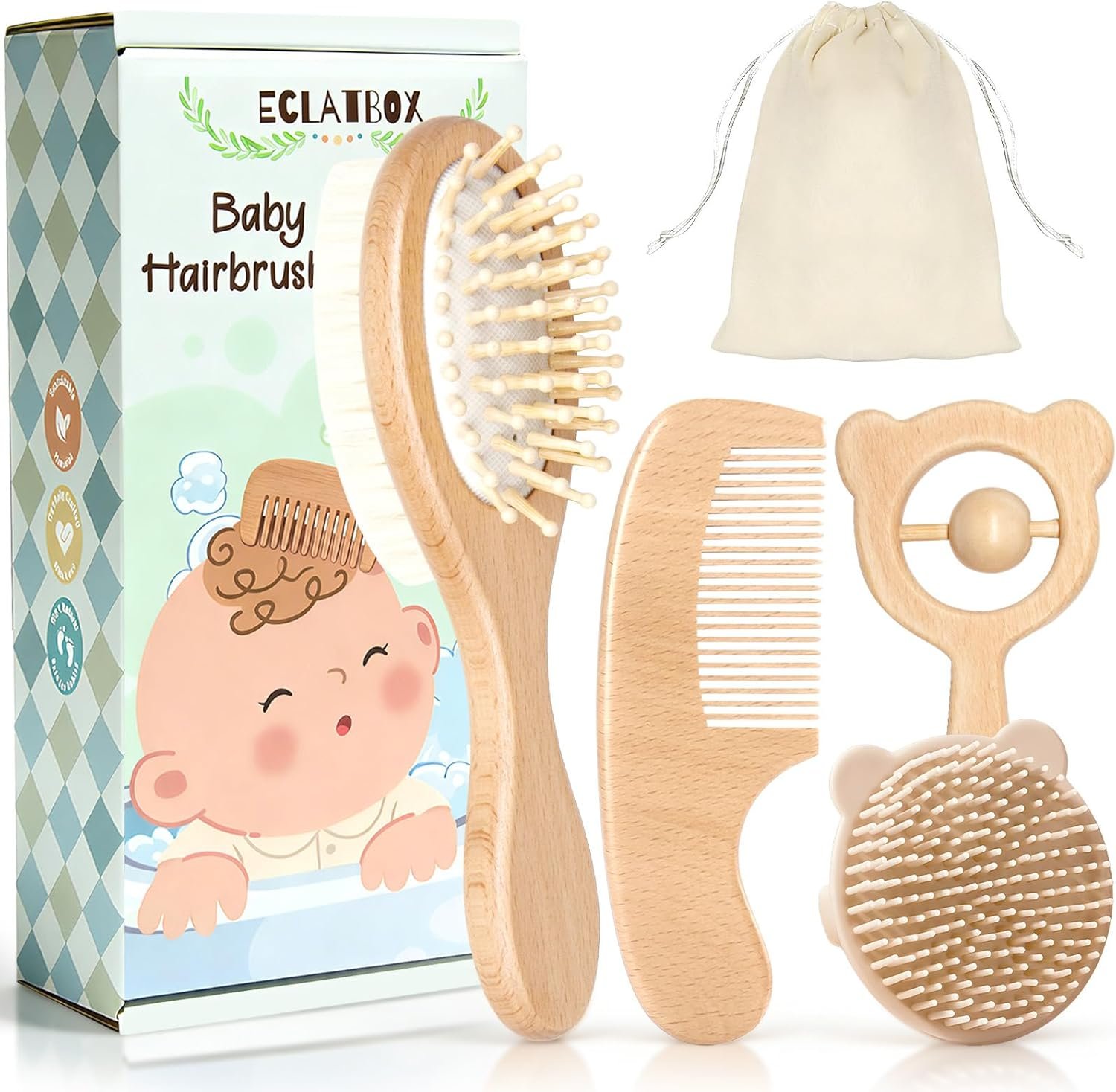 Baby Hair Bush and Comb Set, 5 Pack Wooden Baby Brush with Soft Goat Bristle for Newborns and Toddlers, Perfect for Cradle Cap, Baby Registry Gift, Infant Essentials Care Kit