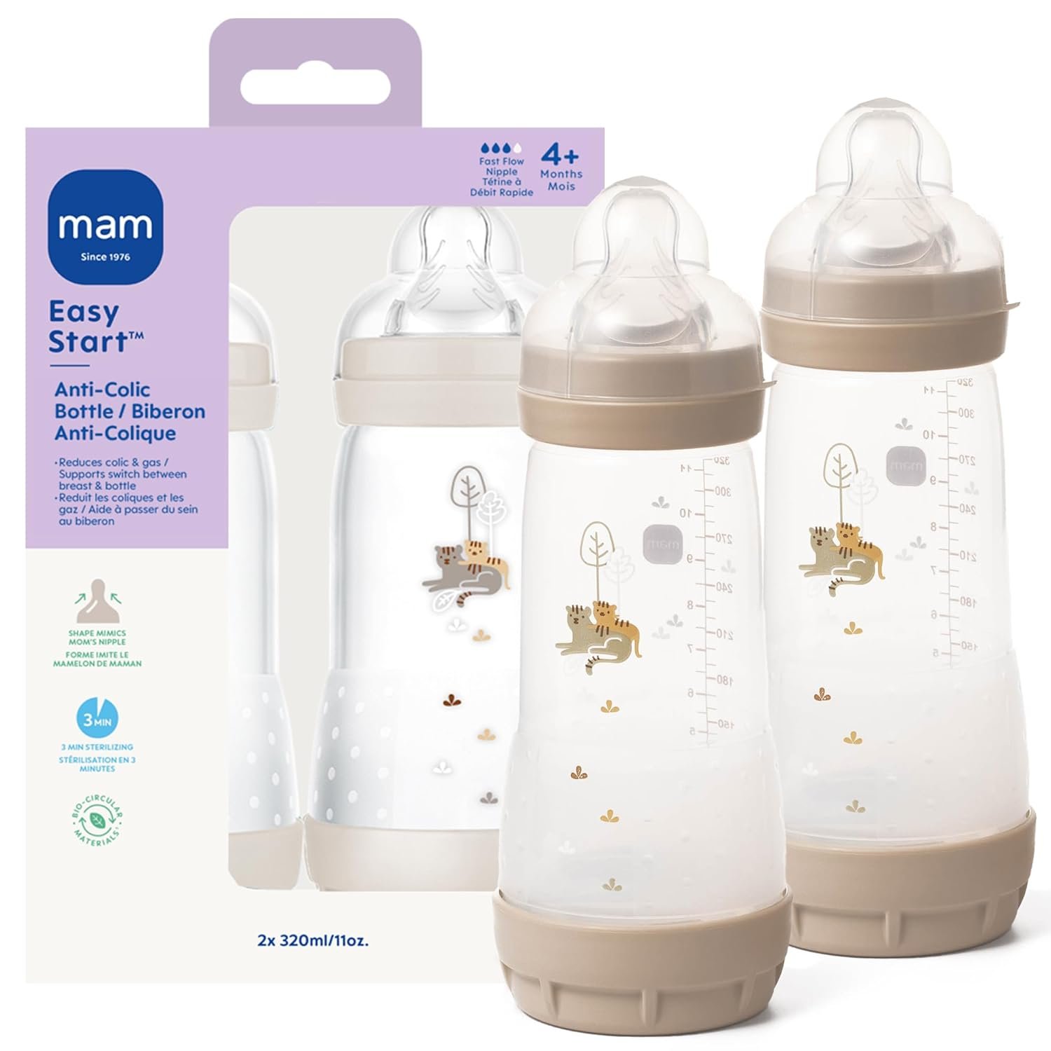 MAM Easy Start Anti-Colic Wide Neck Baby Bottle, 11oz, Fast Flow Breastfeeding-Like Nipple, Reduces Colic Gas & Reflux, Easy to Clean, BPA Free, 4+ Months, Cotton, 2 Pack, Made in Europe
