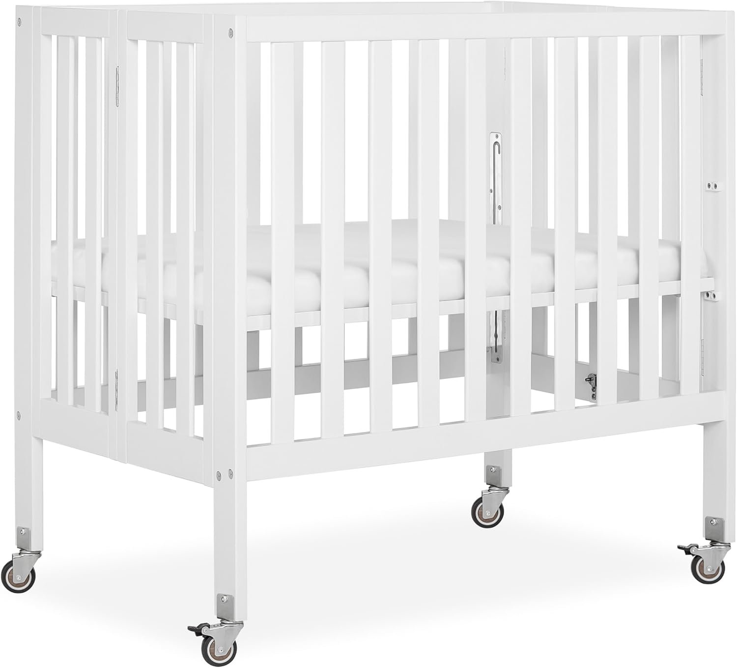 Dream On Me Jett Mini Folding Baby Crib in White, GreenGuard Gold & BSA, Lightweight & Portable, Patented Flat Folding System for Small Spaces & Travel, 1.5” Mattress Pad, 3 Heights, Safe Wheels