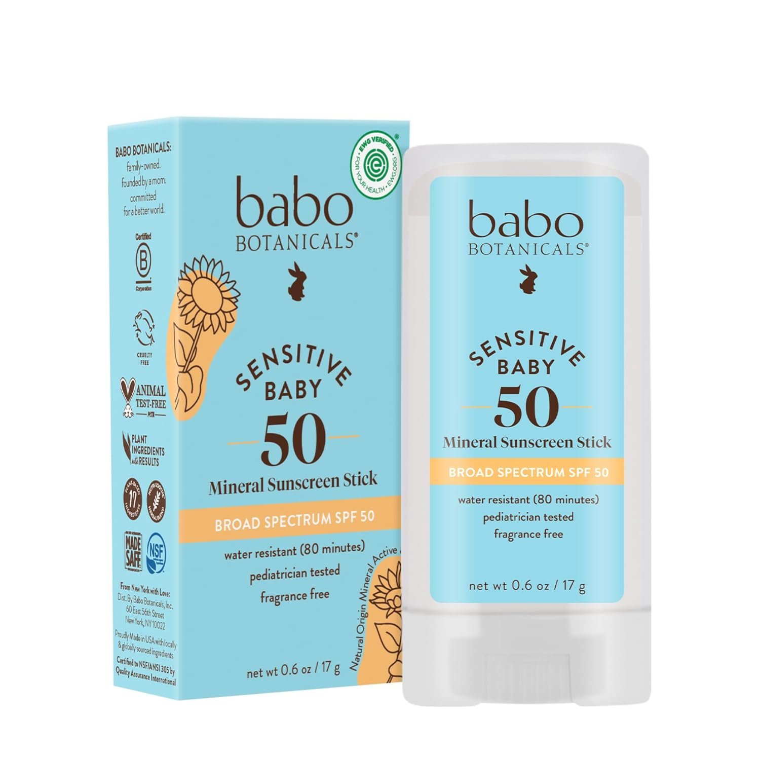 BABO Botanicals Sensitive Baby Mineral Sunscreen Stick SPF 50-70% Organic Ingredients – Zinc Oxide – NSF & Made Safe Certified – EWG Verified – Water Resistant – Fragrance-Free – for Babies & Kids