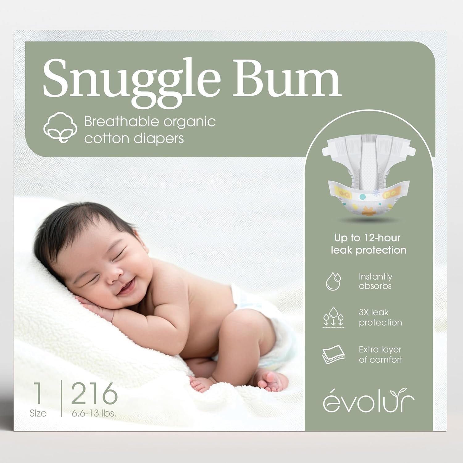 Evolur Snuggle Bum Baby Diapers – Size 1, 216 Count, for Newborns (6.6 lbs – 13 lbs), Ulta Absorbent Diapers Newborn Baby