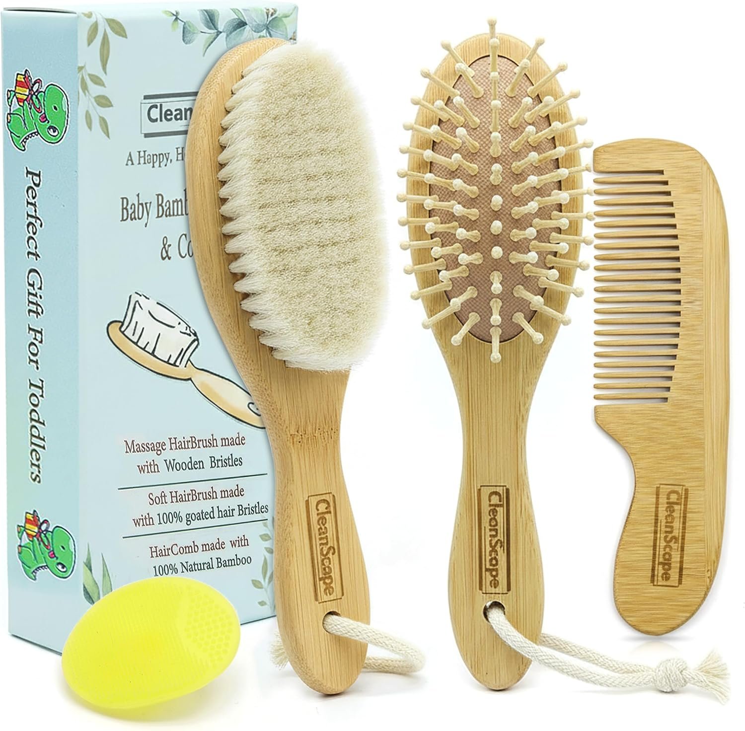 Bamboo Baby Brush & Comb Set – 4-Piece Newborn Grooming Kit with Soft Goat Hair Brush, Wooden Comb & Silicone Scalp Massager – Cradle Cap & Baby Shower Gift