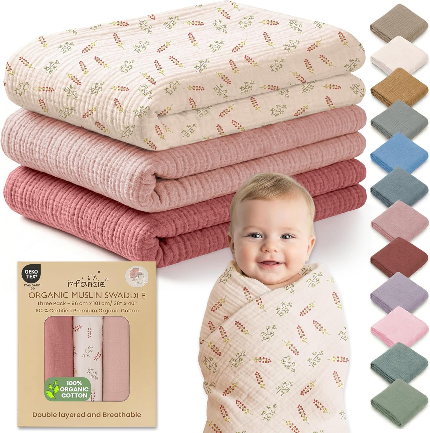 100% Organic Cotton Muslin Baby Blanket 3 Pack – Breathable Swaddle, Hypoallergenic Double-Layer, Versatile Use (Pink, Floral, Rust, 38×40 Inch)