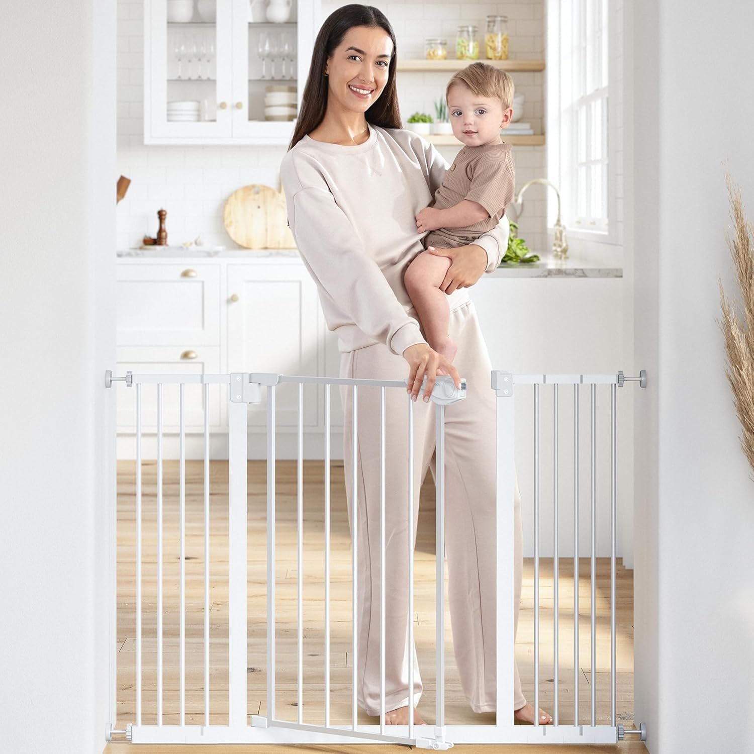 Comfy Cubs Baby Safety Gate with 3 Extensions – Adjustable 42″ x 1.9″ x 30″ Q195 Steel Doorway Barrier – Powder-Coated Finish for Stairs and Doorways – Walk-Through Design Pet Gate – White