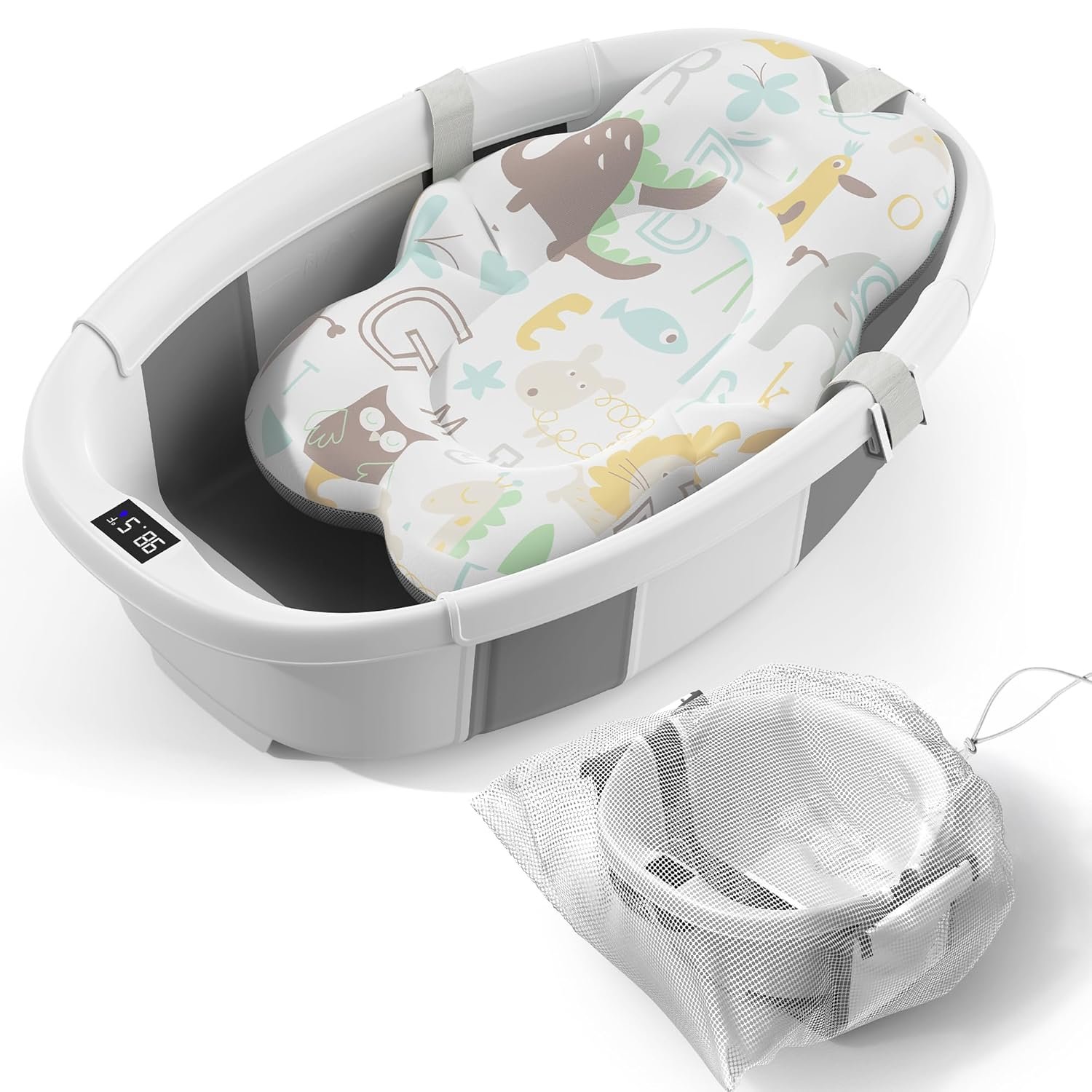 Collapsible Baby Bathtub – Large Baby Bath Tub with Thermometer & Cushion | Travel Portable Newborn Infant Bathtub | Foldable Toddler Bathtub for Baby 0 to 36 Months (Grey)