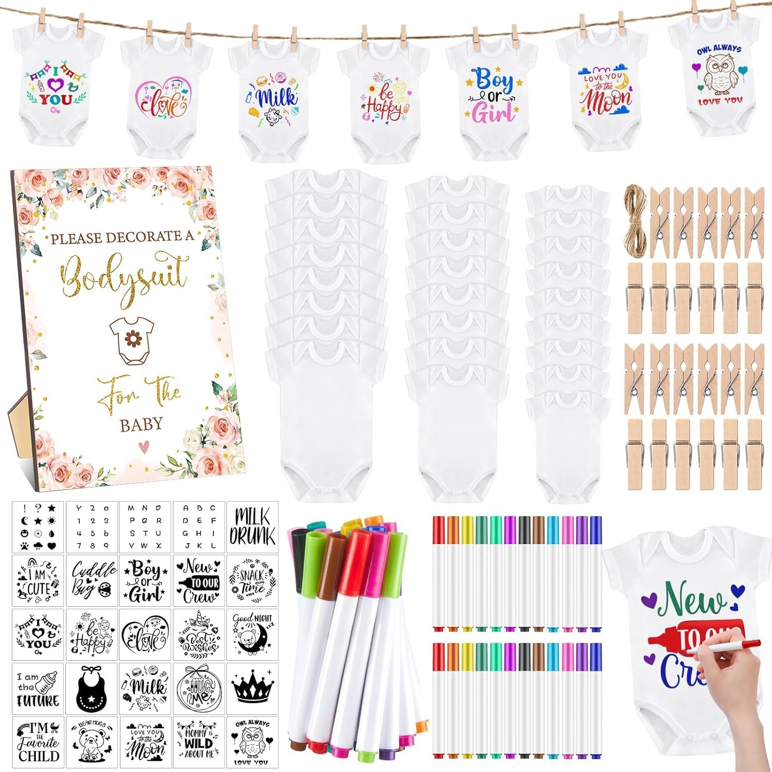 Panitay 126 Pcs Baby Shower DIY Bodysuit Set Bib 25 Blank White Newborn Bodysuit 25 Stencils 24 Marker 1 Sign 50 Pins(Floral)