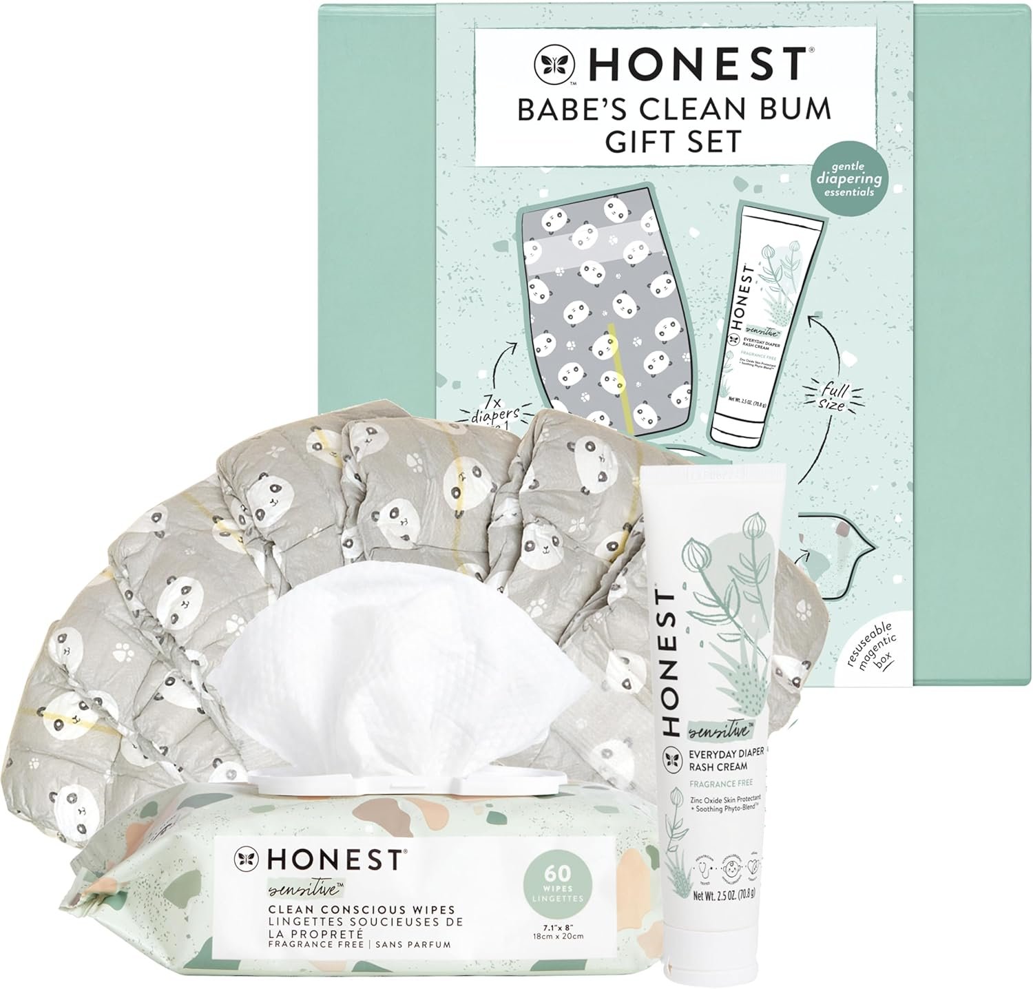 The Honest Company Babe’s Clean Bum Gift Set, Diapering and Newborn Essentials 99% Water Wipes 60 ct Diaper Rash Cream 2.5 oz Conscious Diapers Size 1