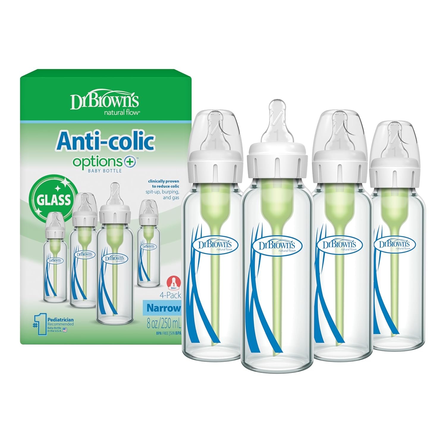 Dr. Brown’s Anti-Colic Options+ Narrow Glass Baby Bottle with Level 1 Slow Flow Nipple, BPA-Free, 8 oz/250 mL, 0m+, 4-Pack (Packaging May Vary)