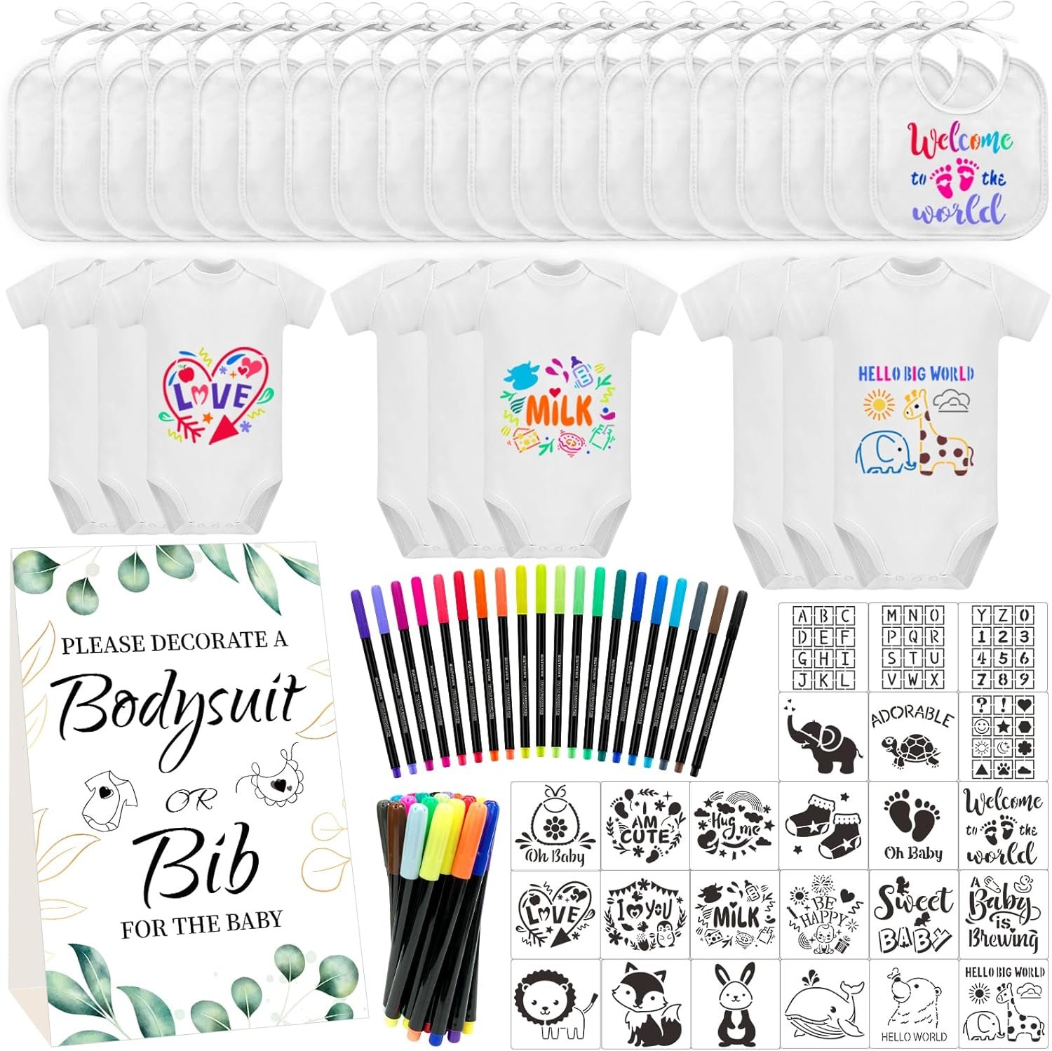 Bibs Bodysuits Baby Shower Game Sign Set Newborn Onesies Feeder Gift Fabric Marker Stencils Kit
