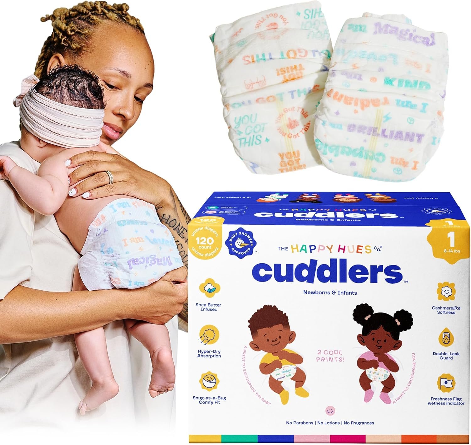 Happy Hues Cuddlers Disposable Diapers Size 1,8–14 lbs–Baby Diapers with Shea Butter, Wetness Indicator &Leak Protection–Ultra-Soft Unisex Newborn &Infant Diapers with Full Coverage,120 Count