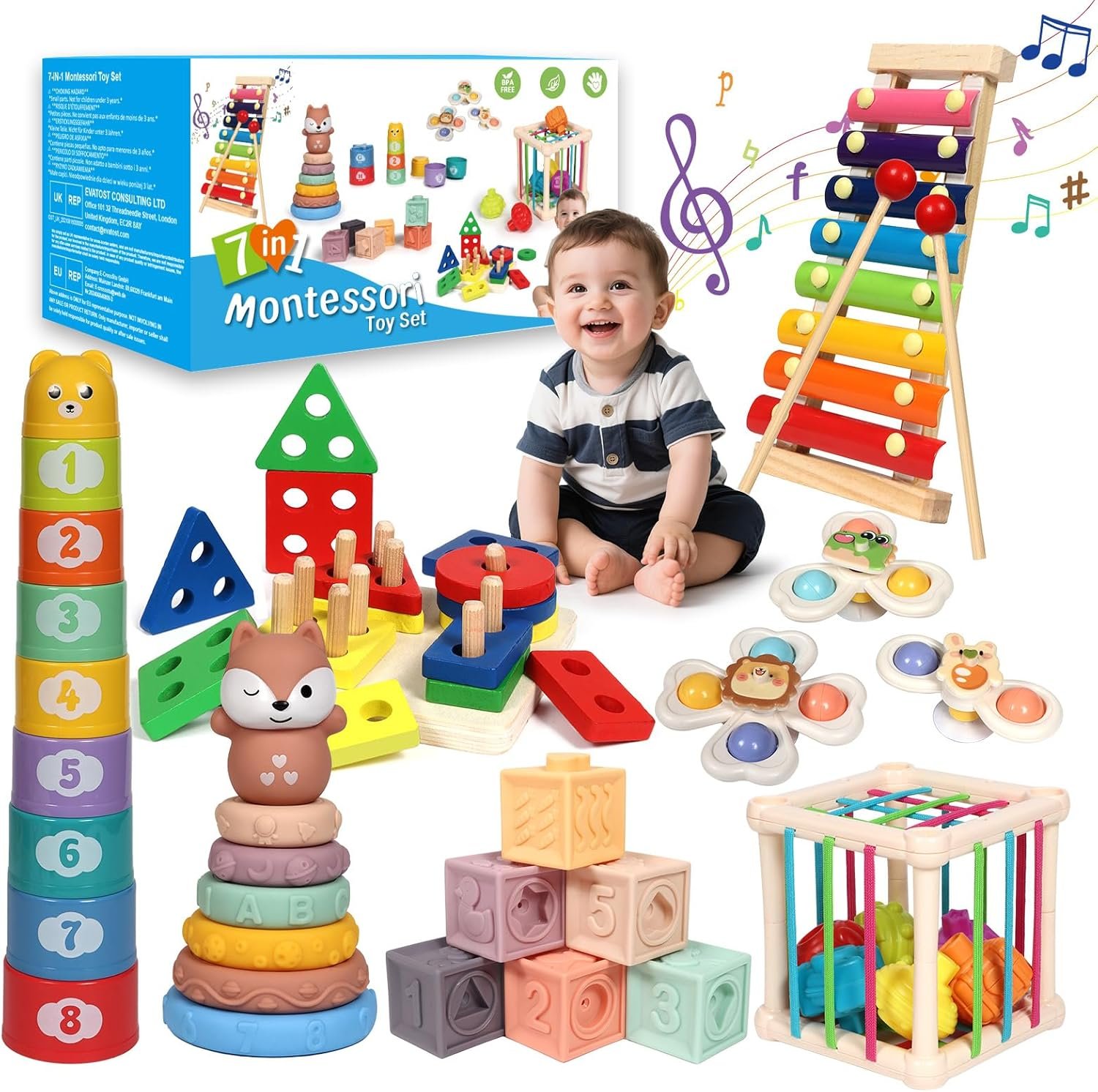 LearnToy Baby Toys 18-36 Months, Montessori 7-in-1 Activity Set – Stacking Blocks, Infant Teething Toy & Sensory Bin, Baby Boys & Girls Gifts